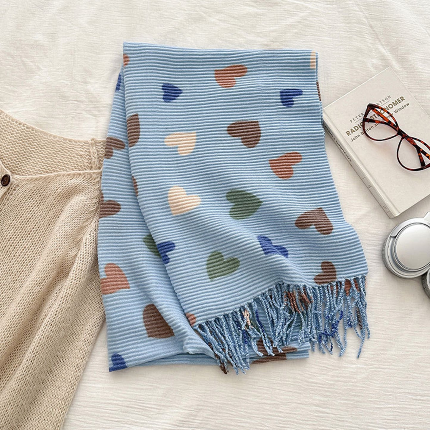 Heart Pattern Soft Knit Scarf with Delicate Fringe Edges and Lightweight Cozy Texture Designed for Gentle Everyday Comfort