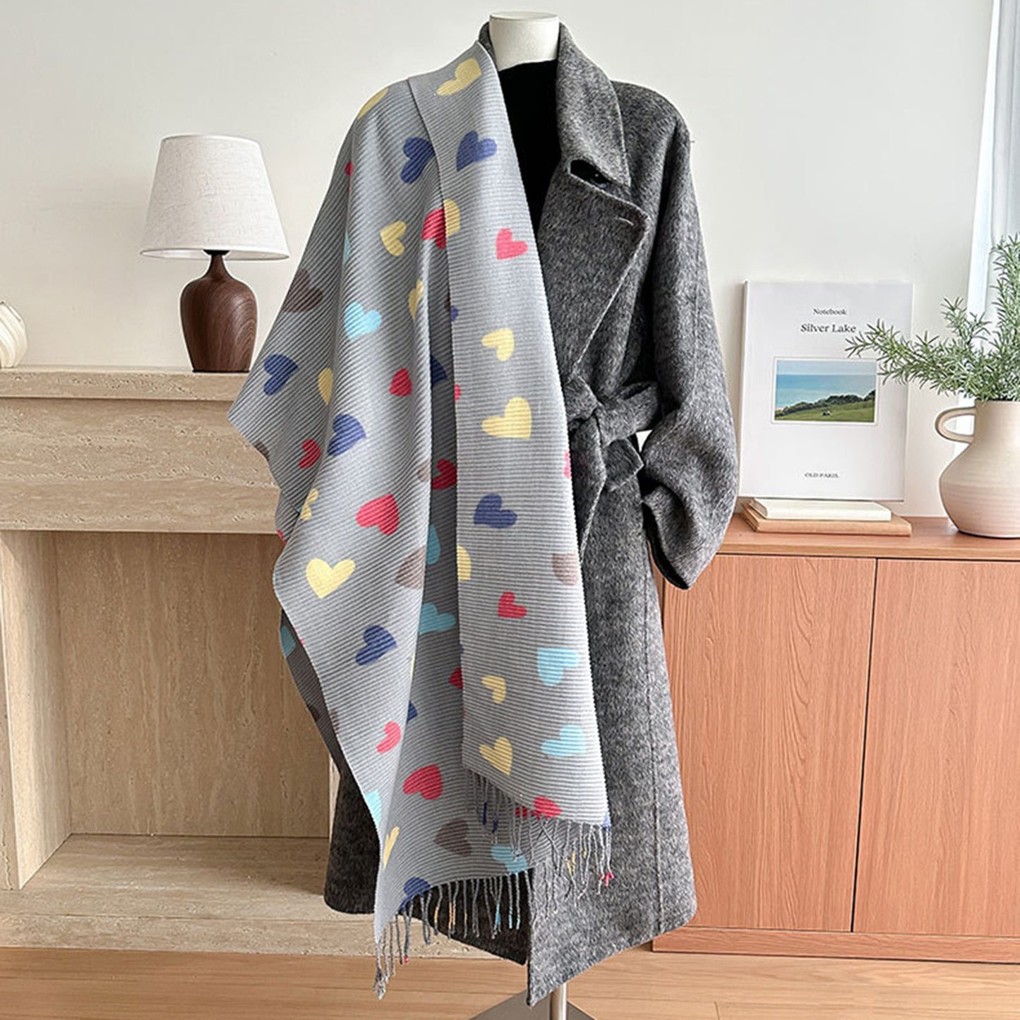 Heart Pattern Soft Knit Scarf with Delicate Fringe Edges and Lightweight Cozy Texture Designed for Gentle Everyday Comfort