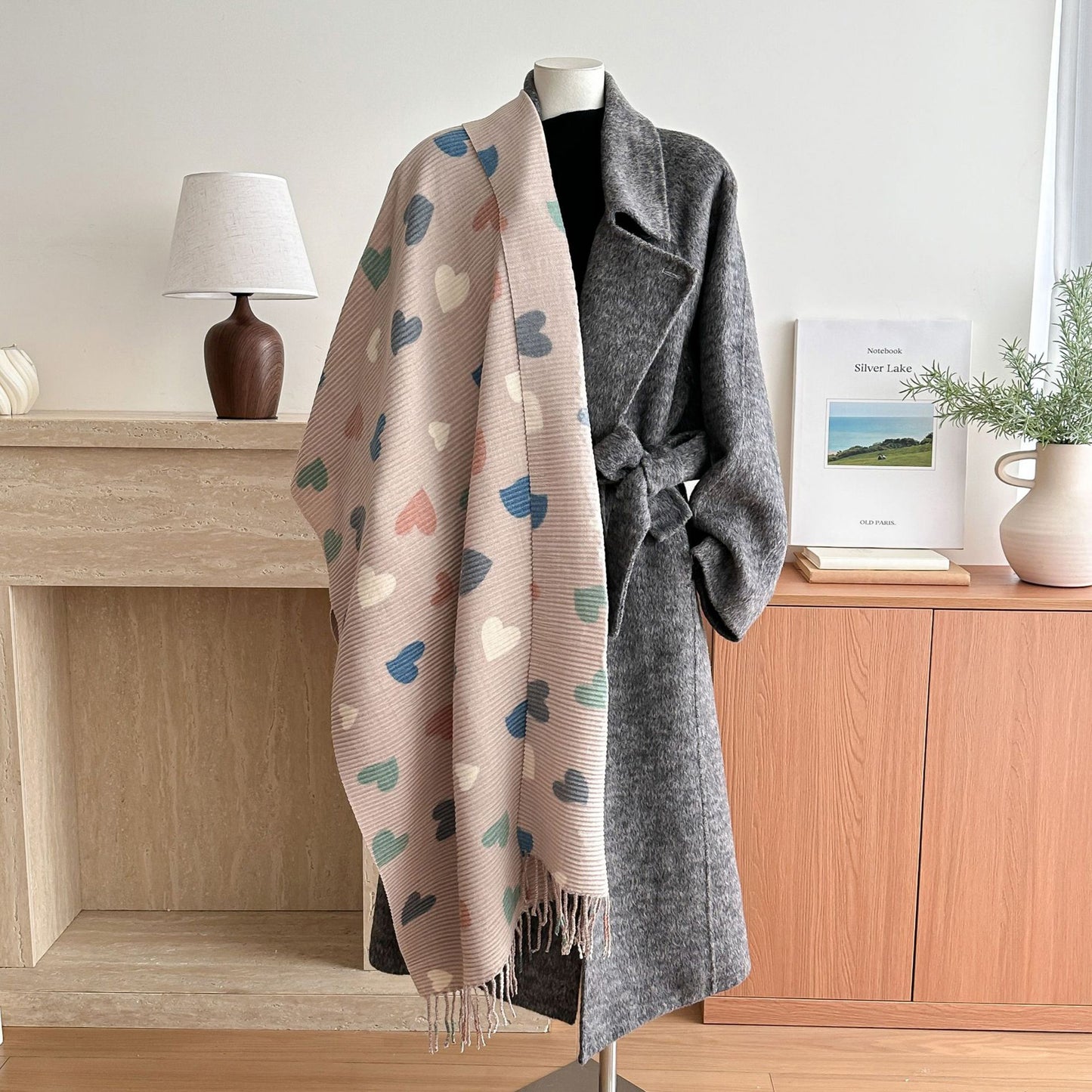 Heart Pattern Soft Knit Scarf with Delicate Fringe Edges and Lightweight Cozy Texture Designed for Gentle Everyday Comfort