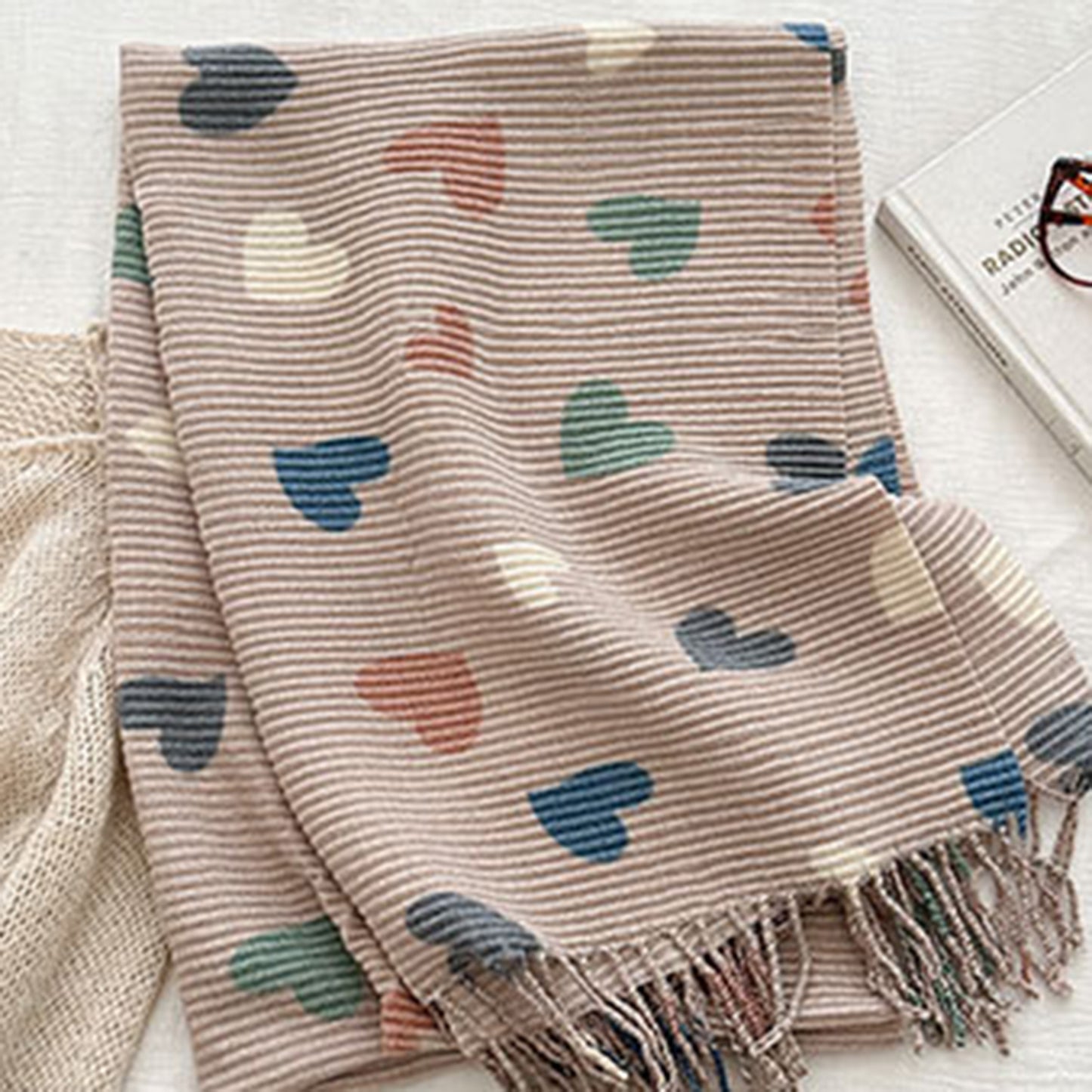 Heart Pattern Soft Knit Scarf with Delicate Fringe Edges and Lightweight Cozy Texture Designed for Gentle Everyday Comfort