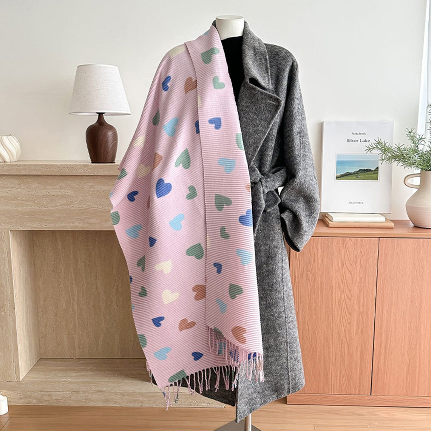 Heart Pattern Soft Knit Scarf with Delicate Fringe Edges and Lightweight Cozy Texture Designed for Gentle Everyday Comfort