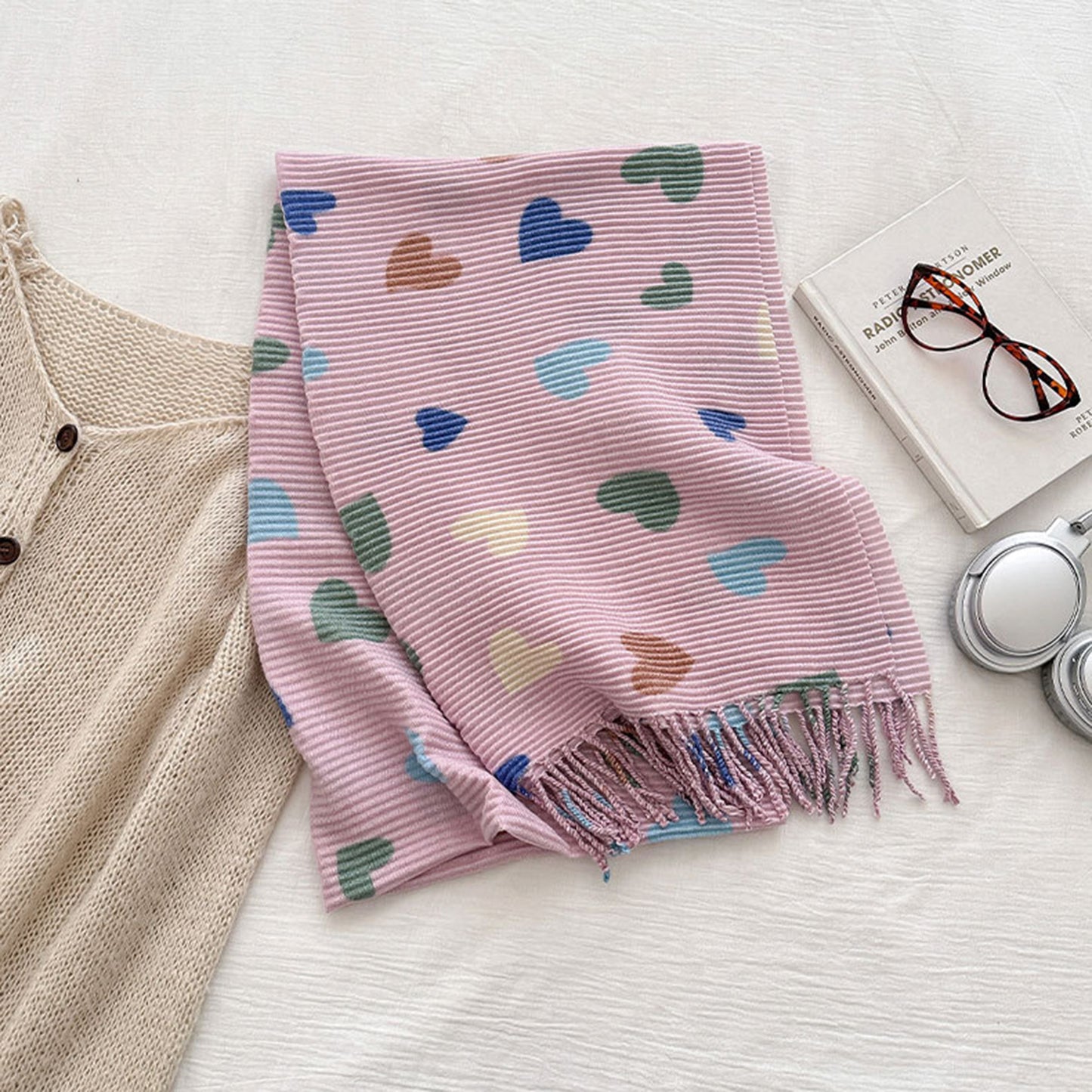 Heart Pattern Soft Knit Scarf with Delicate Fringe Edges and Lightweight Cozy Texture Designed for Gentle Everyday Comfort