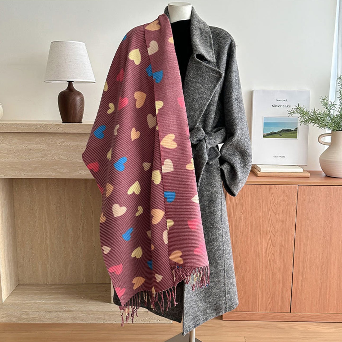 Heart Pattern Soft Knit Scarf with Delicate Fringe Edges and Lightweight Cozy Texture Designed for Gentle Everyday Comfort