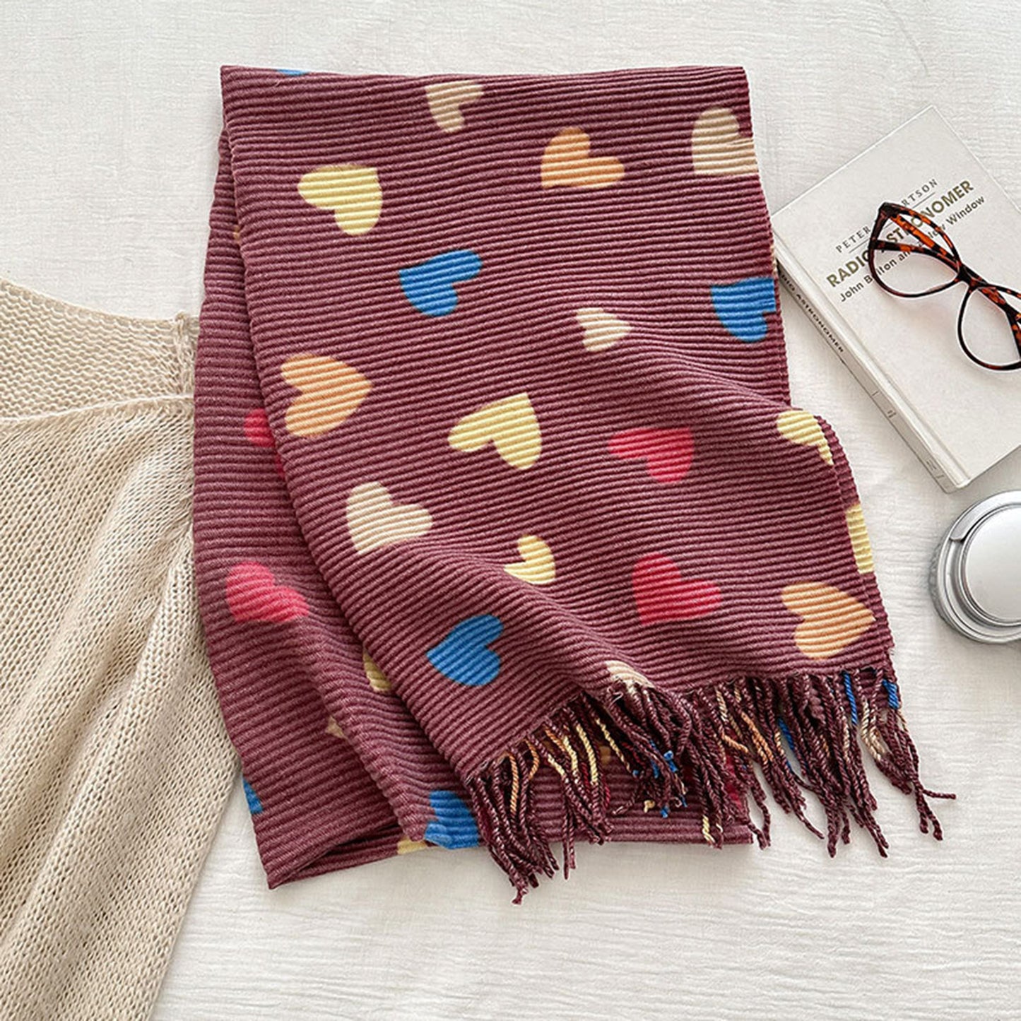 Heart Pattern Soft Knit Scarf with Delicate Fringe Edges and Lightweight Cozy Texture Designed for Gentle Everyday Comfort