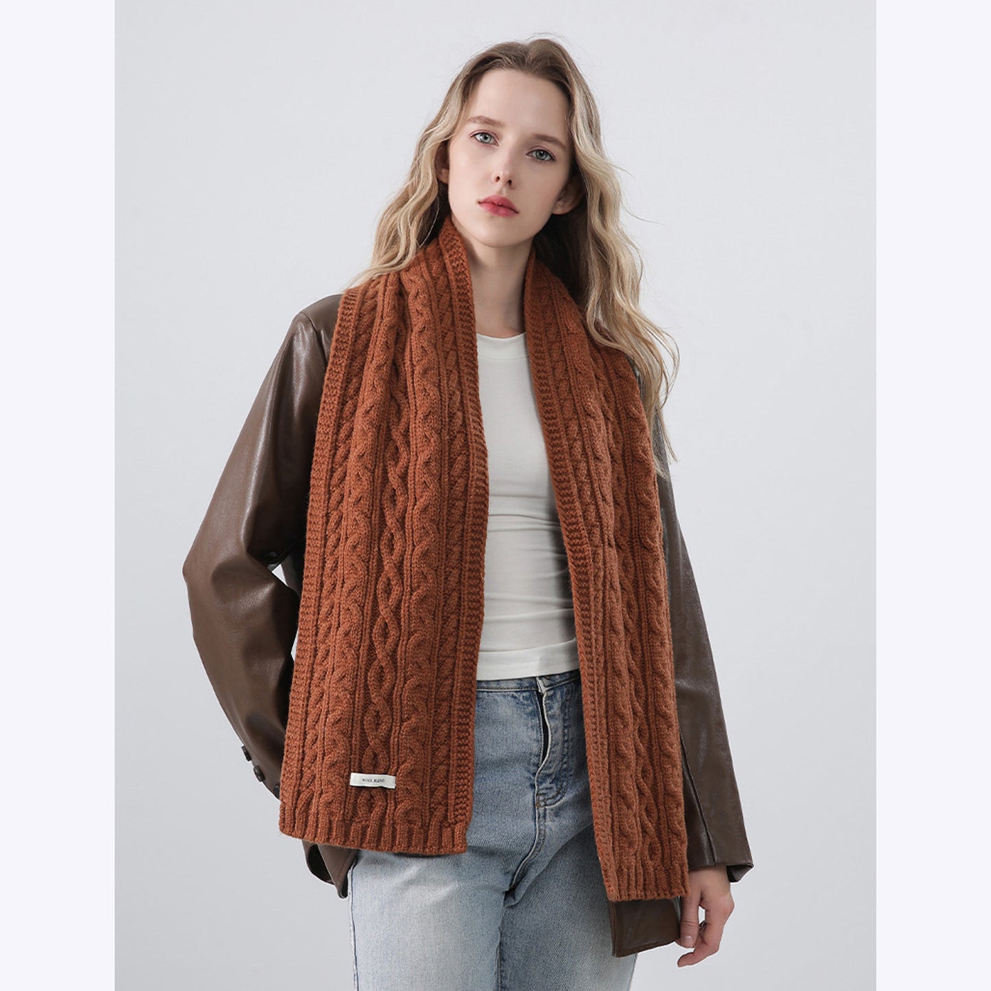 Cable Knit Scarf with Soft Textured Wool-Blend Yarn and Classic Ribbed Edges for Warm Comfortable Layering in a Cozy Finish