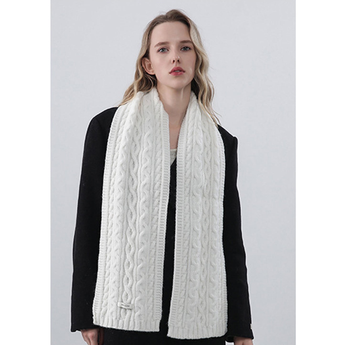Cable Knit Scarf with Soft Textured Wool-Blend Yarn and Classic Ribbed Edges for Warm Comfortable Layering in a Cozy Finish