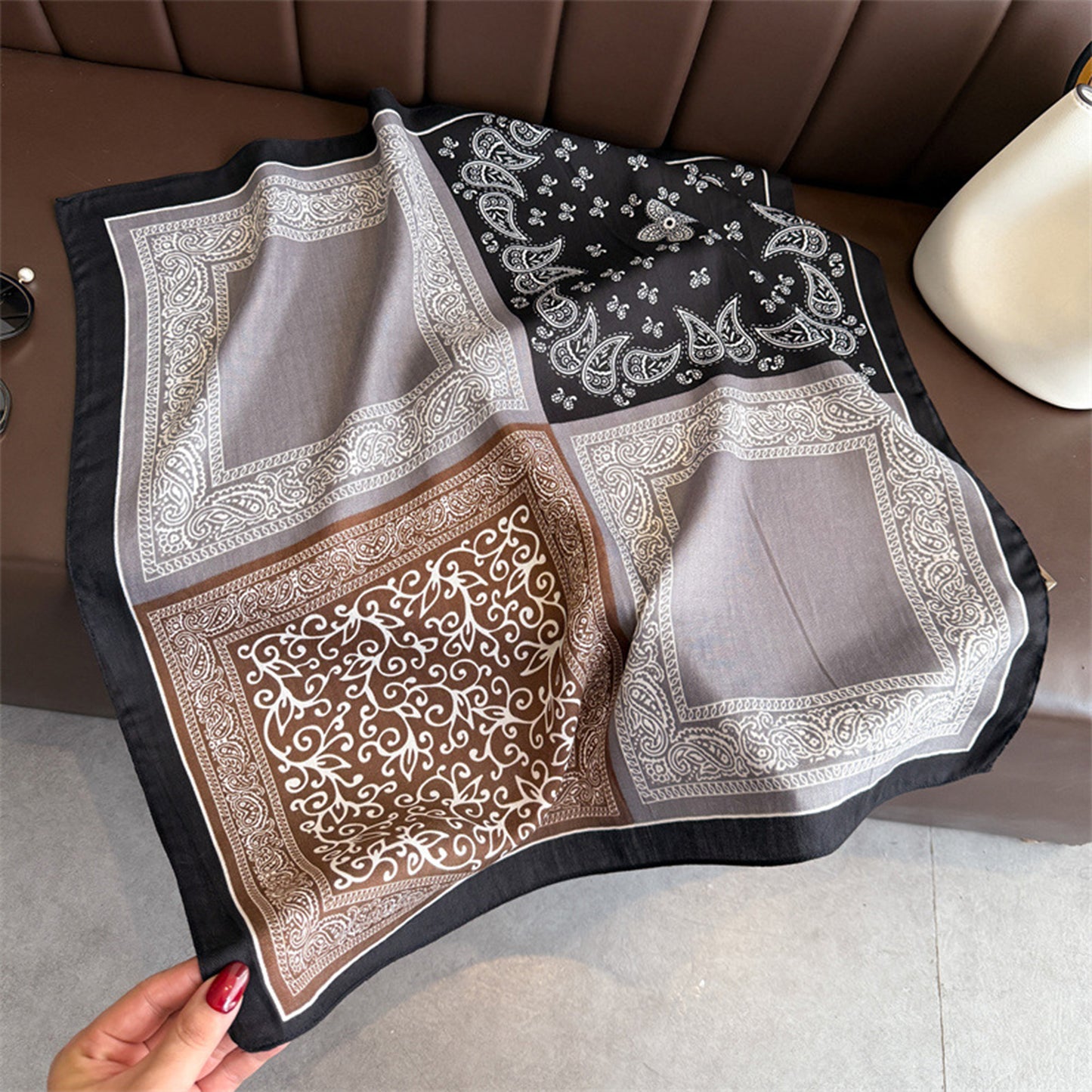 Faux Velvet Scarf with Multi-Tone Bandana Patchwork Print 27¡Á27 Inches