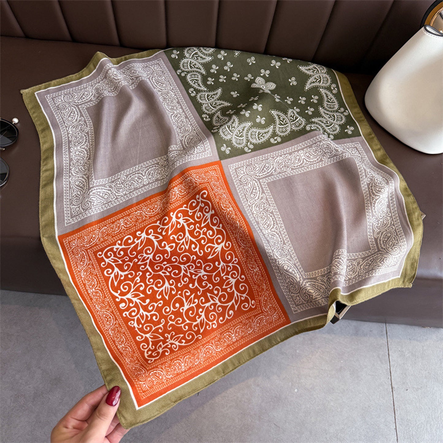 Faux Velvet Scarf with Multi-Tone Bandana Patchwork Print 27¡Á27 Inches