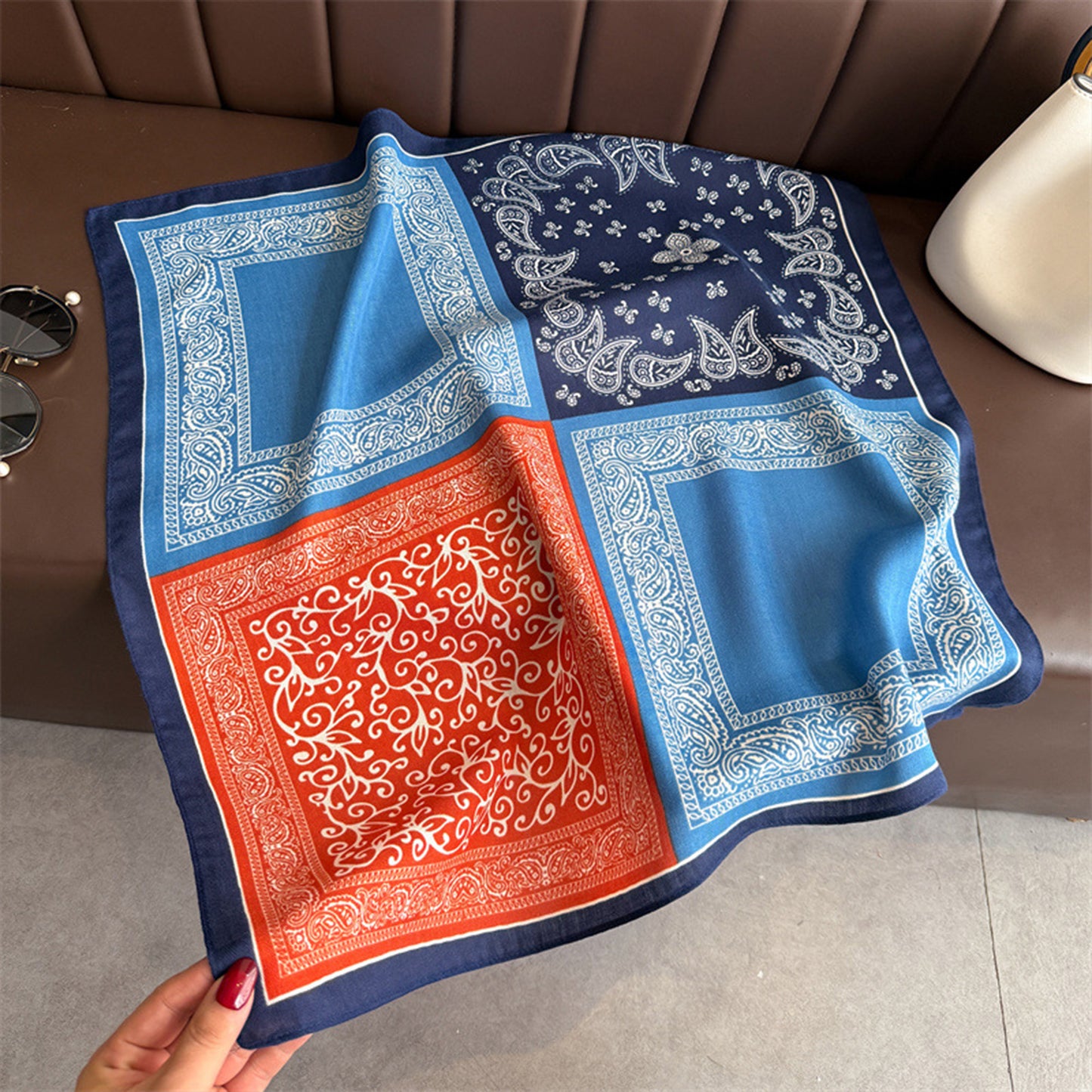 Faux Velvet Scarf with Multi-Tone Bandana Patchwork Print 27¡Á27 Inches
