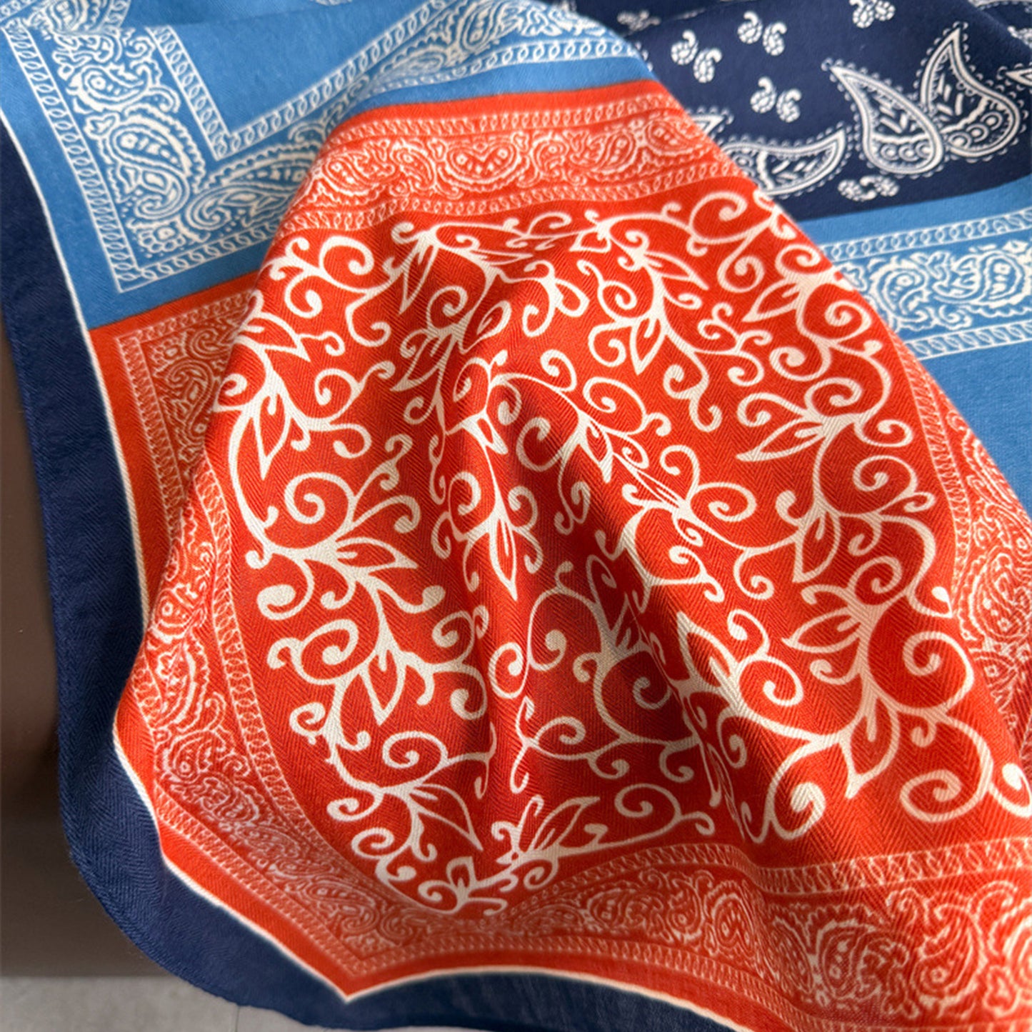 Faux Velvet Scarf with Multi-Tone Bandana Patchwork Print 27¡Á27 Inches