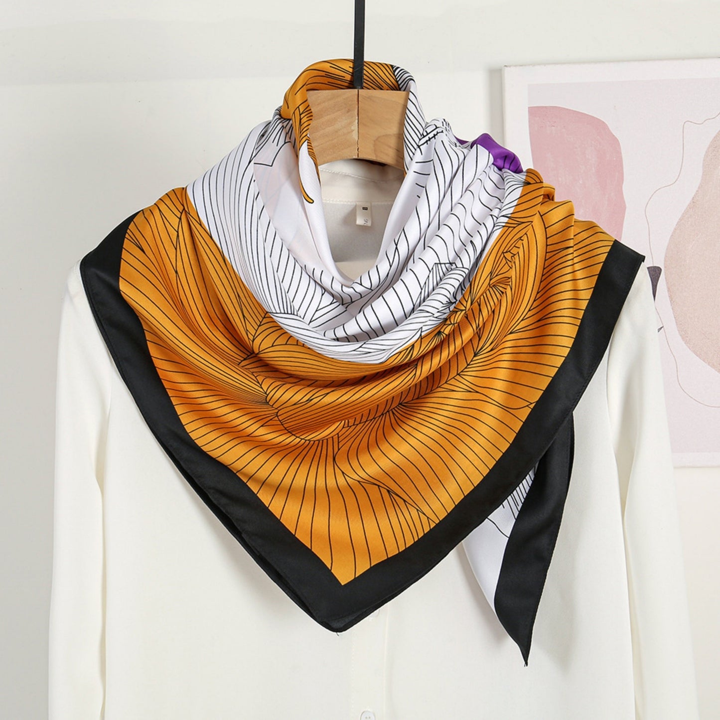 Colorblock Floral Satin Square Scarf with Modern Line Art Design 43.5x43.5in