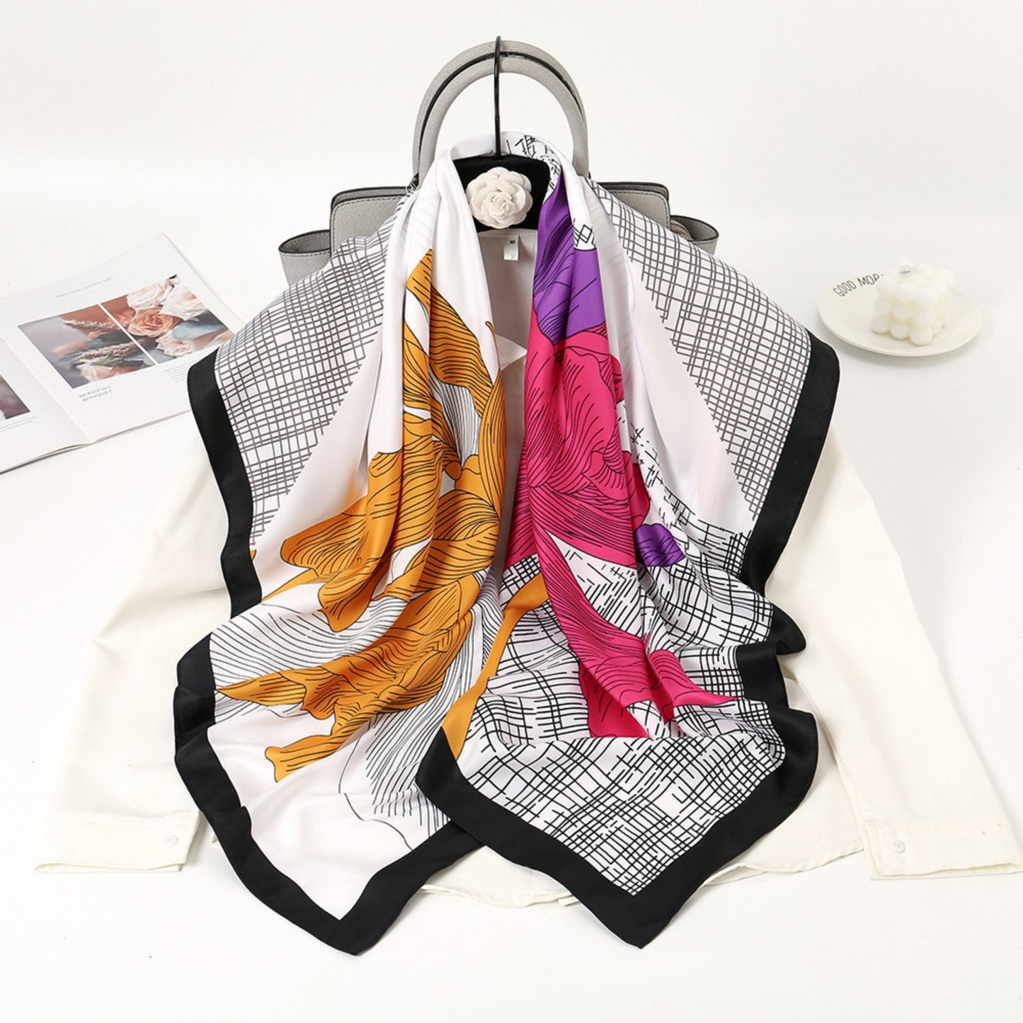 Colorblock Floral Satin Square Scarf with Modern Line Art Design 43.5x43.5in