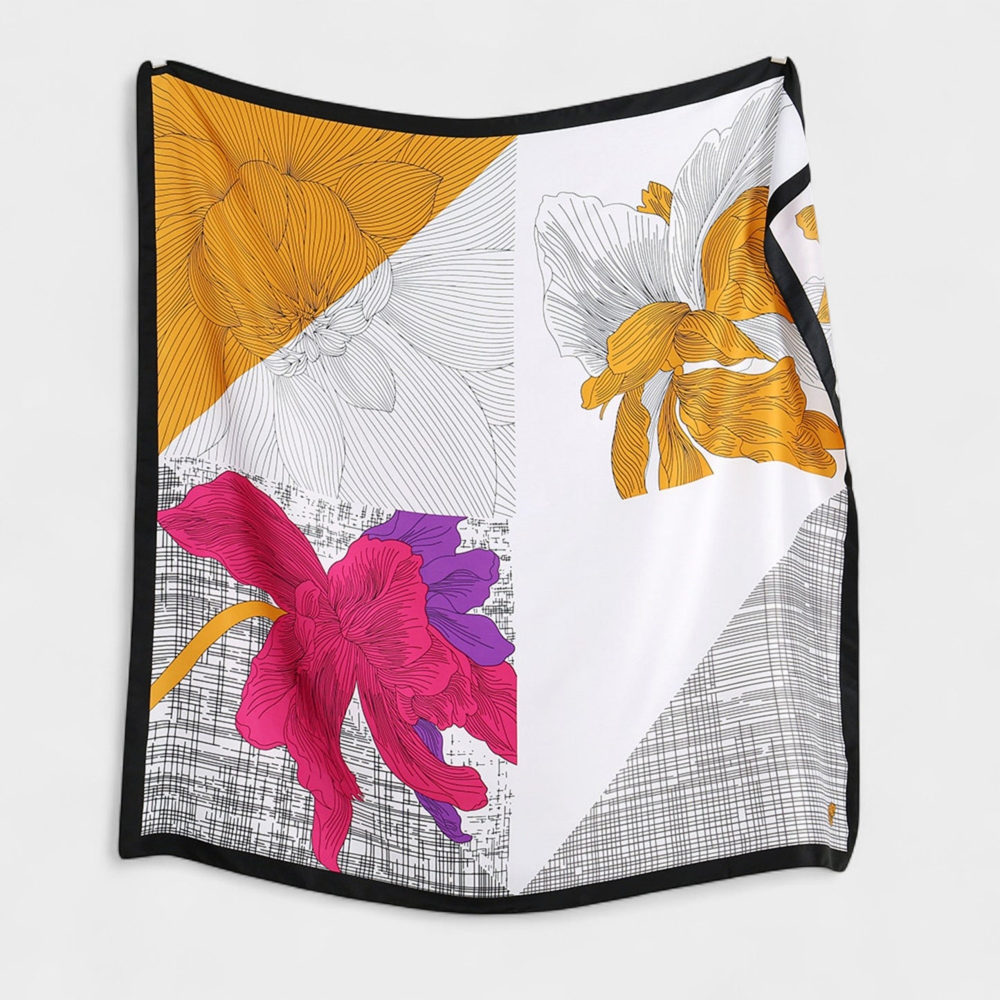 Colorblock Floral Satin Square Scarf with Modern Line Art Design 43.5x43.5in