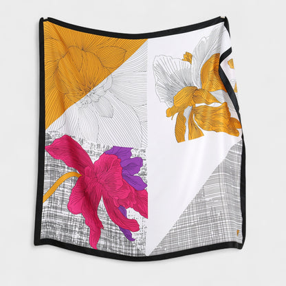 Colorblock Floral Satin Square Scarf with Modern Line Art Design 43.5x43.5in