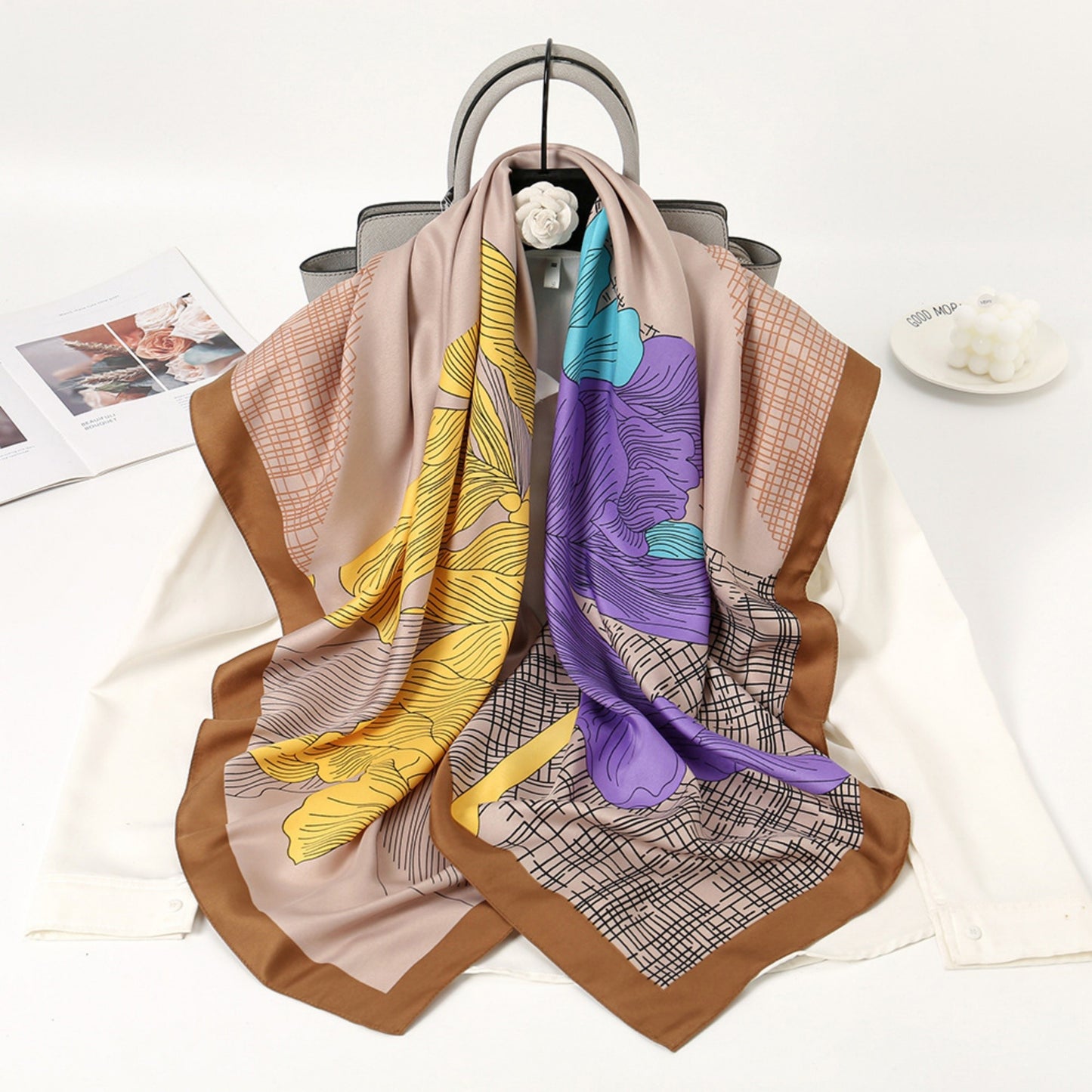 Colorblock Floral Satin Square Scarf with Modern Line Art Design 43.5x43.5in