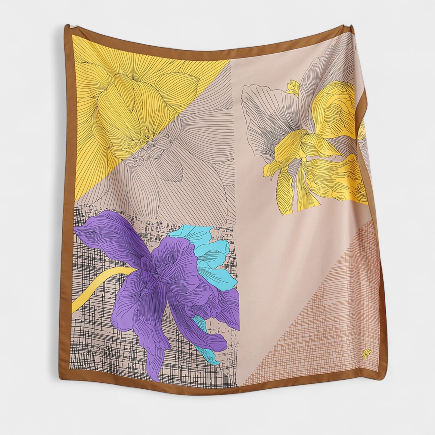 Colorblock Floral Satin Square Scarf with Modern Line Art Design 43.5x43.5in