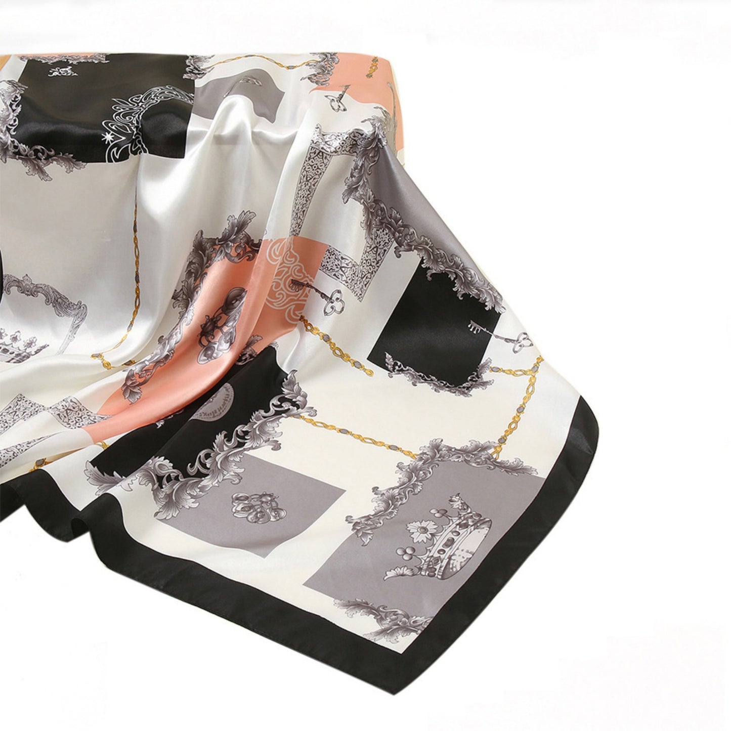 Satin Square Scarf with Baroque Frame and Chain Print 35.5x35.5in