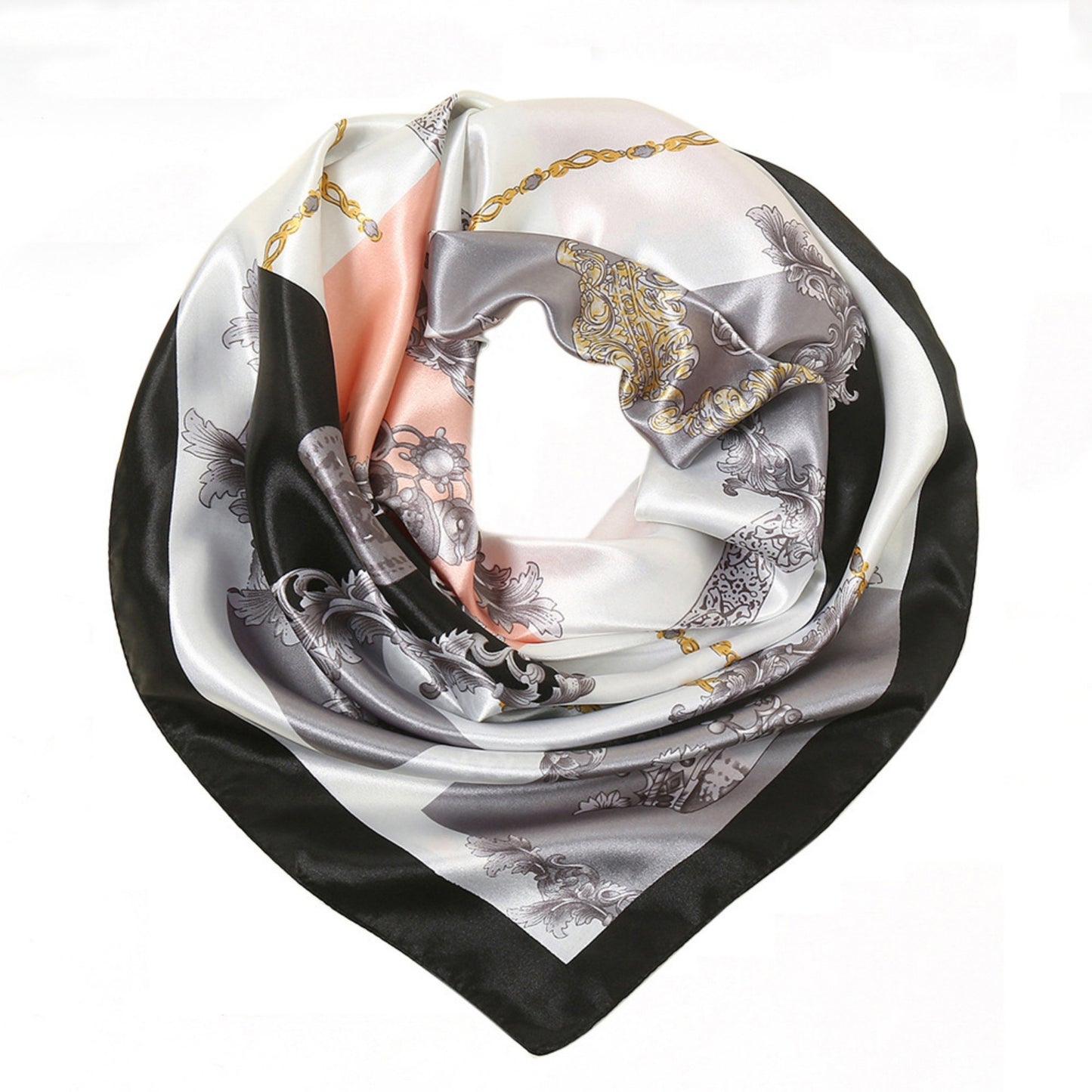 Satin Square Scarf with Baroque Frame and Chain Print 35.5x35.5in
