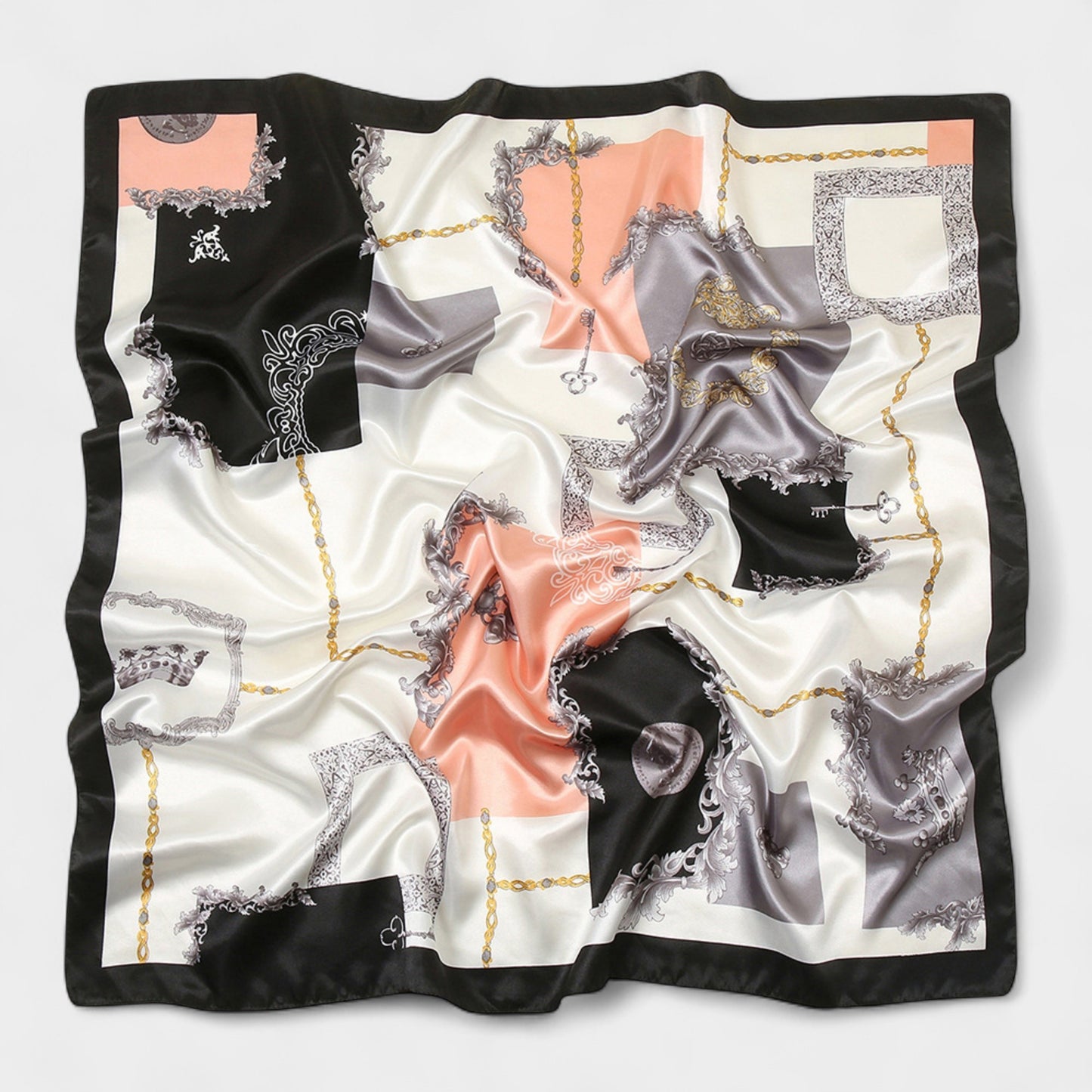 Satin Square Scarf with Baroque Frame and Chain Print 35.5x35.5in