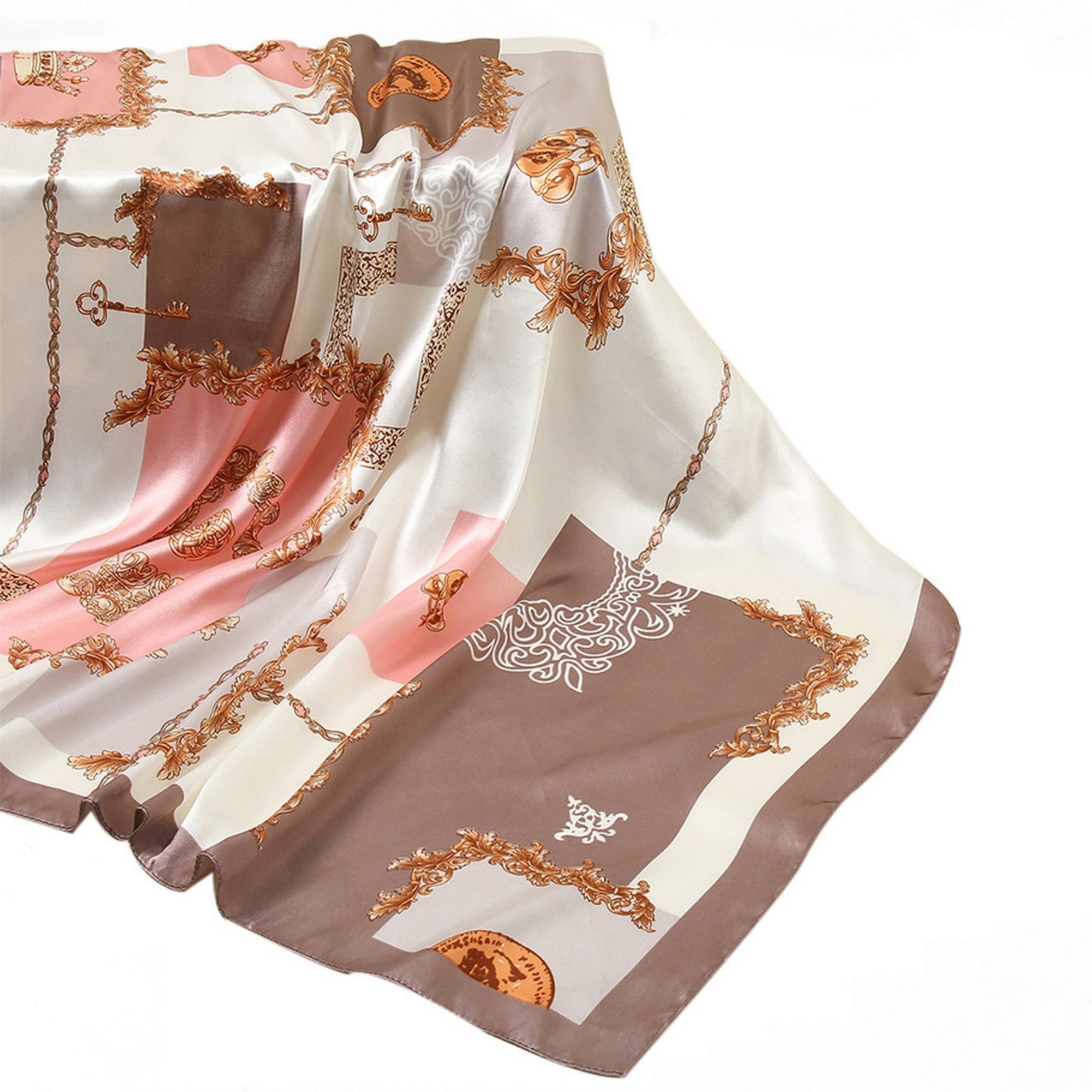 Satin Square Scarf with Baroque Frame and Chain Print 35.5x35.5in
