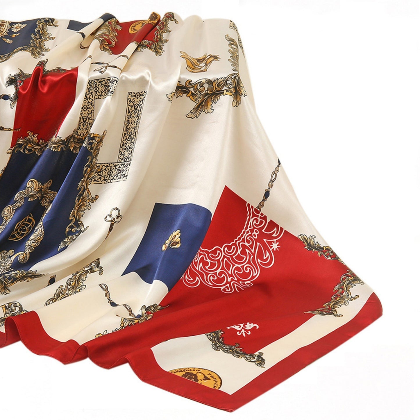 Satin Square Scarf with Baroque Frame and Chain Print 35.5x35.5in