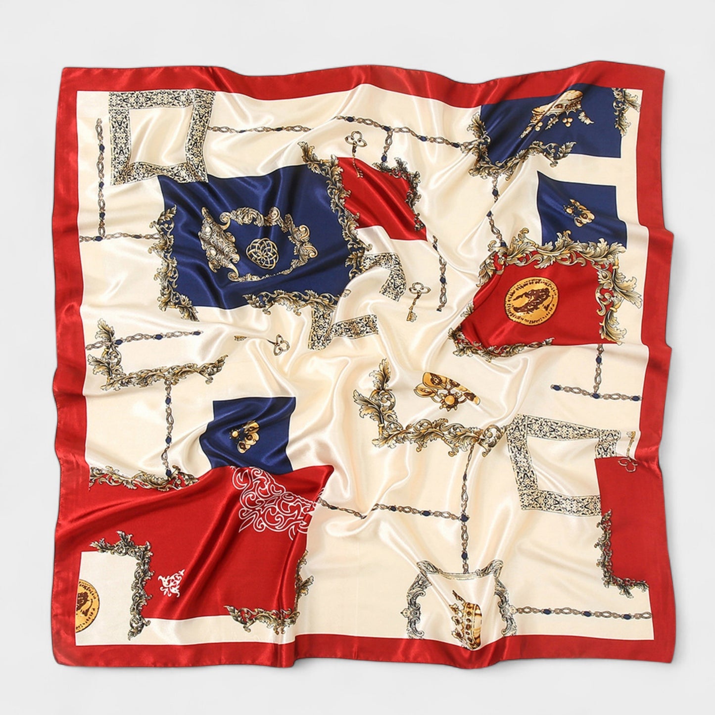 Satin Square Scarf with Baroque Frame and Chain Print 35.5x35.5in