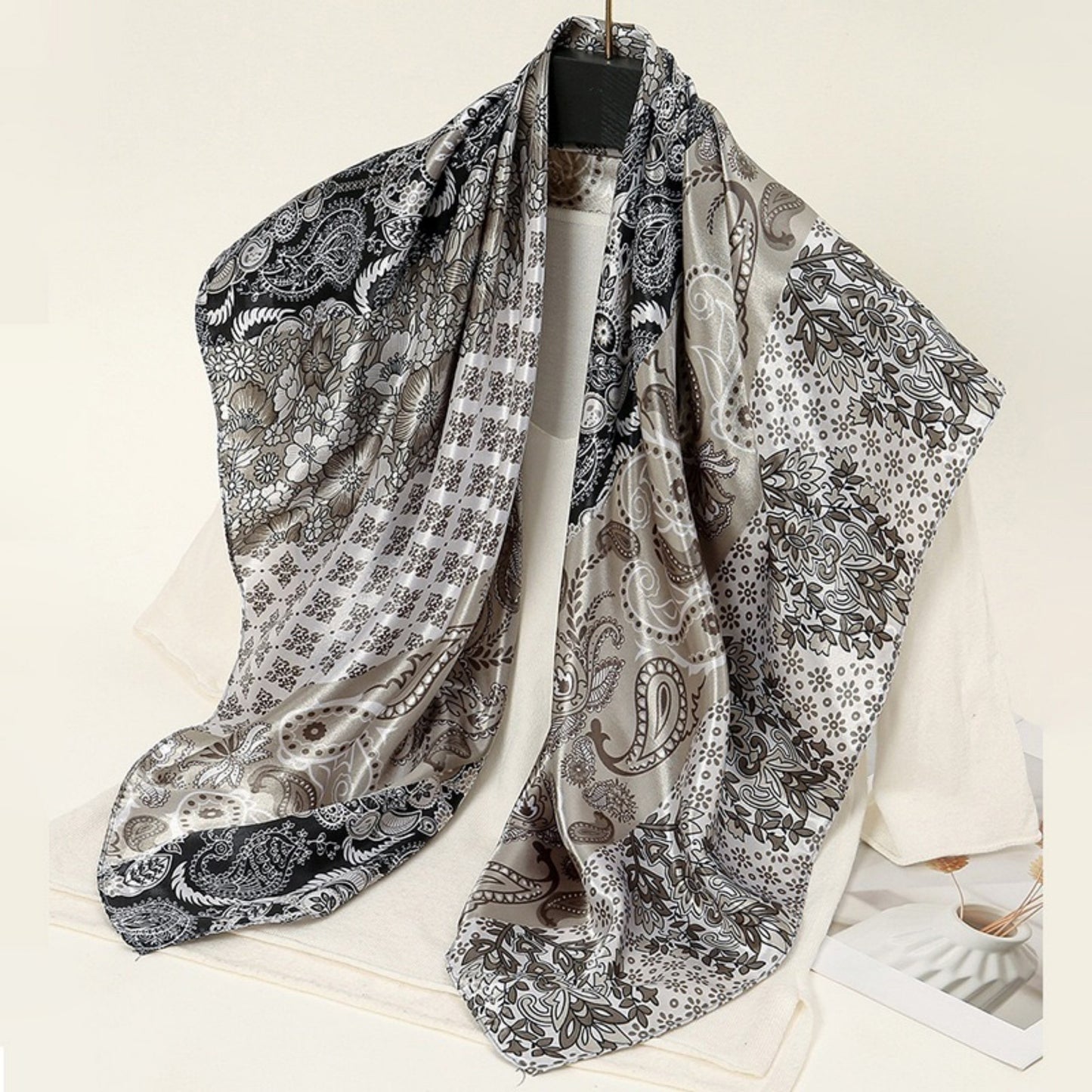 Paisley Print Satin Square Scarf with Dual-Tone Design 35.5x35.5in