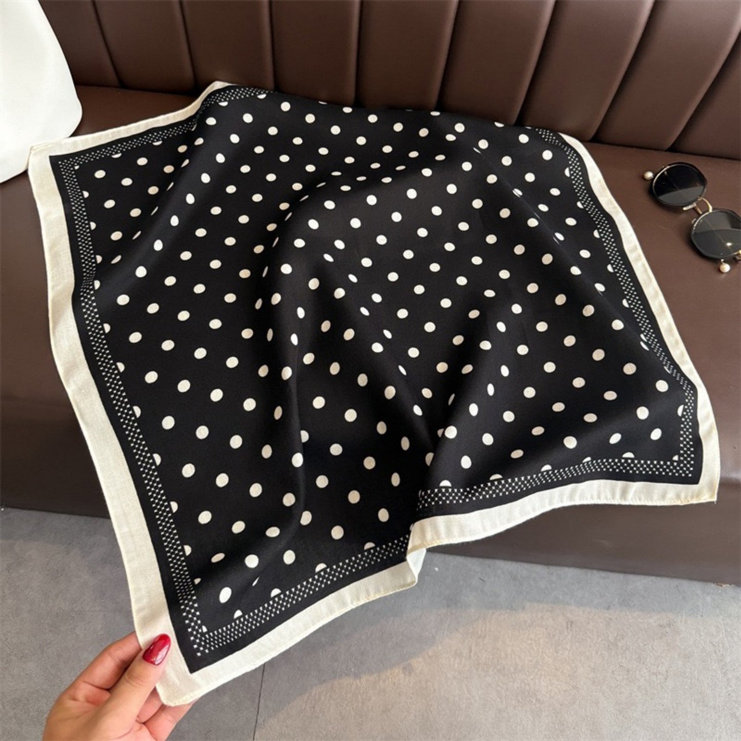 Polka Dot Satin Square Scarf with Contrasting Border Trim 27x27in
