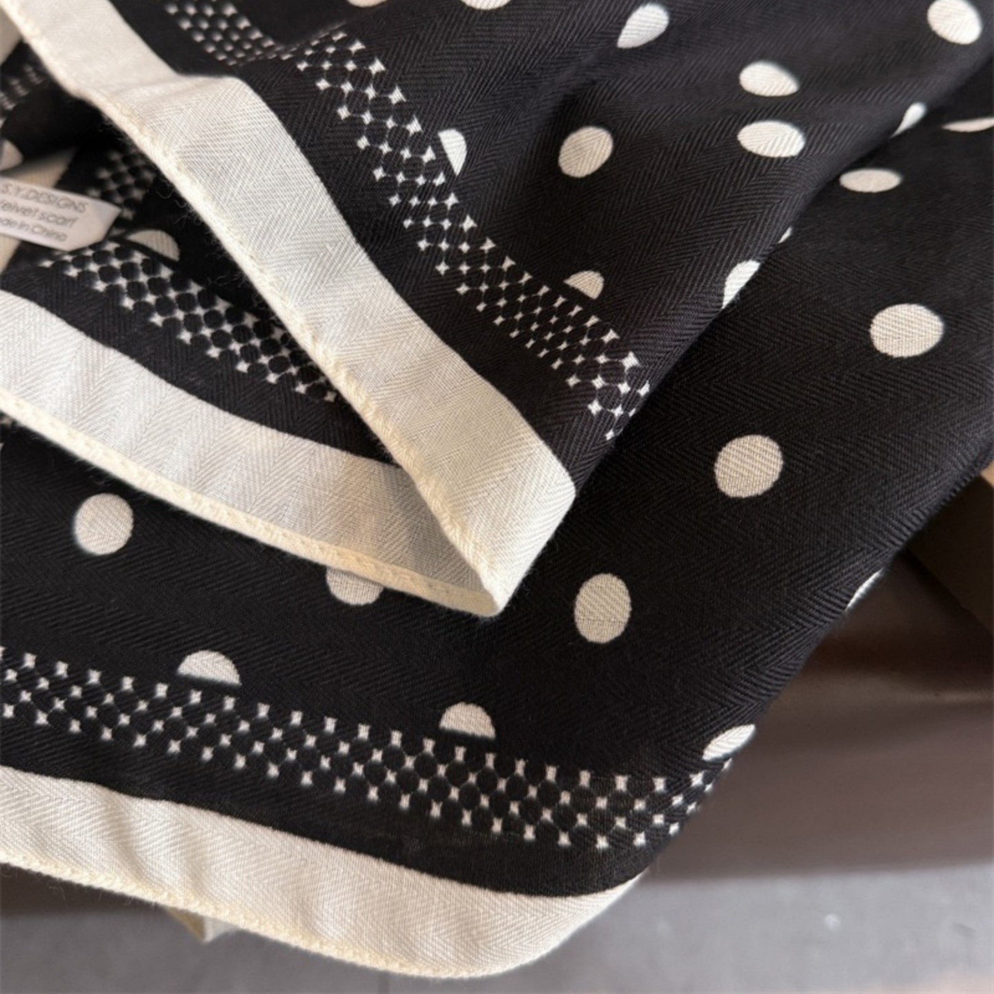Polka Dot Satin Square Scarf with Contrasting Border Trim 27x27in