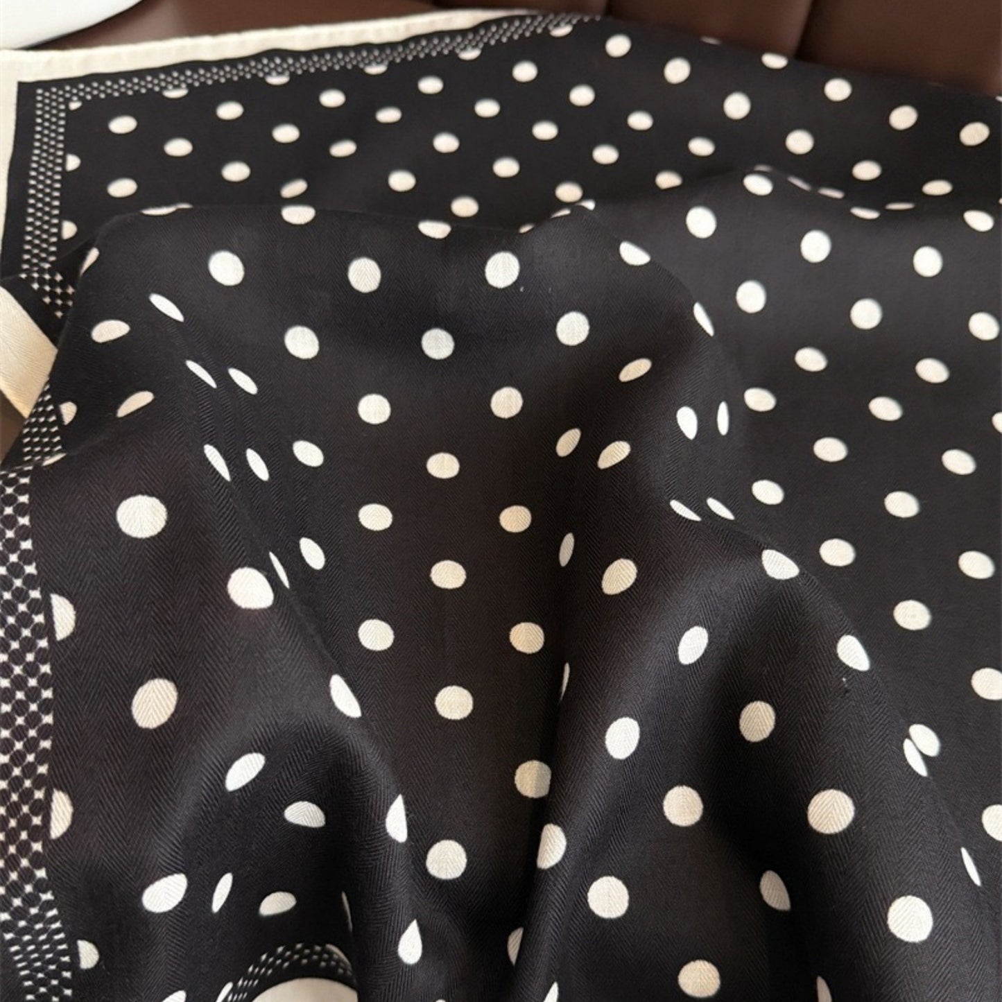 Polka Dot Satin Square Scarf with Contrasting Border Trim 27x27in