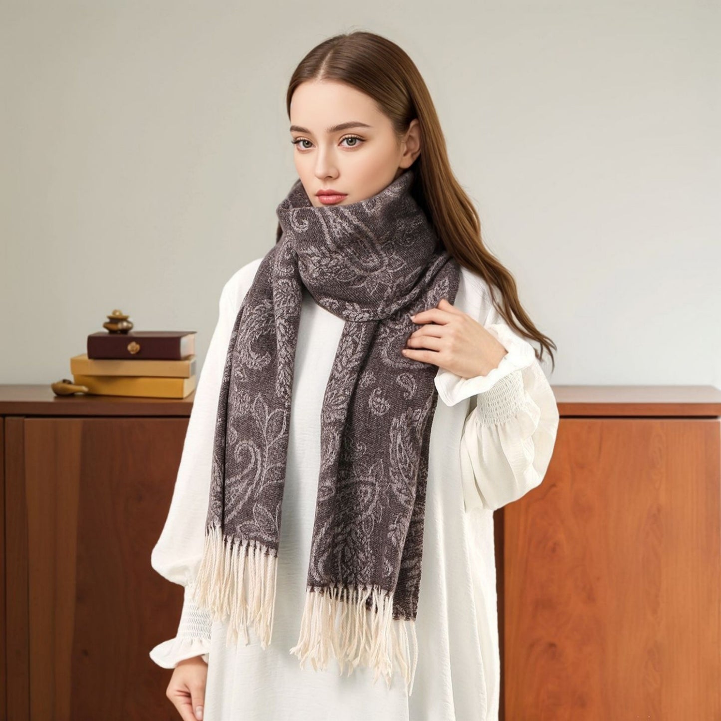 Paisley Jacquard Knit Scarf with Soft Fringe Ends 73x27.5in