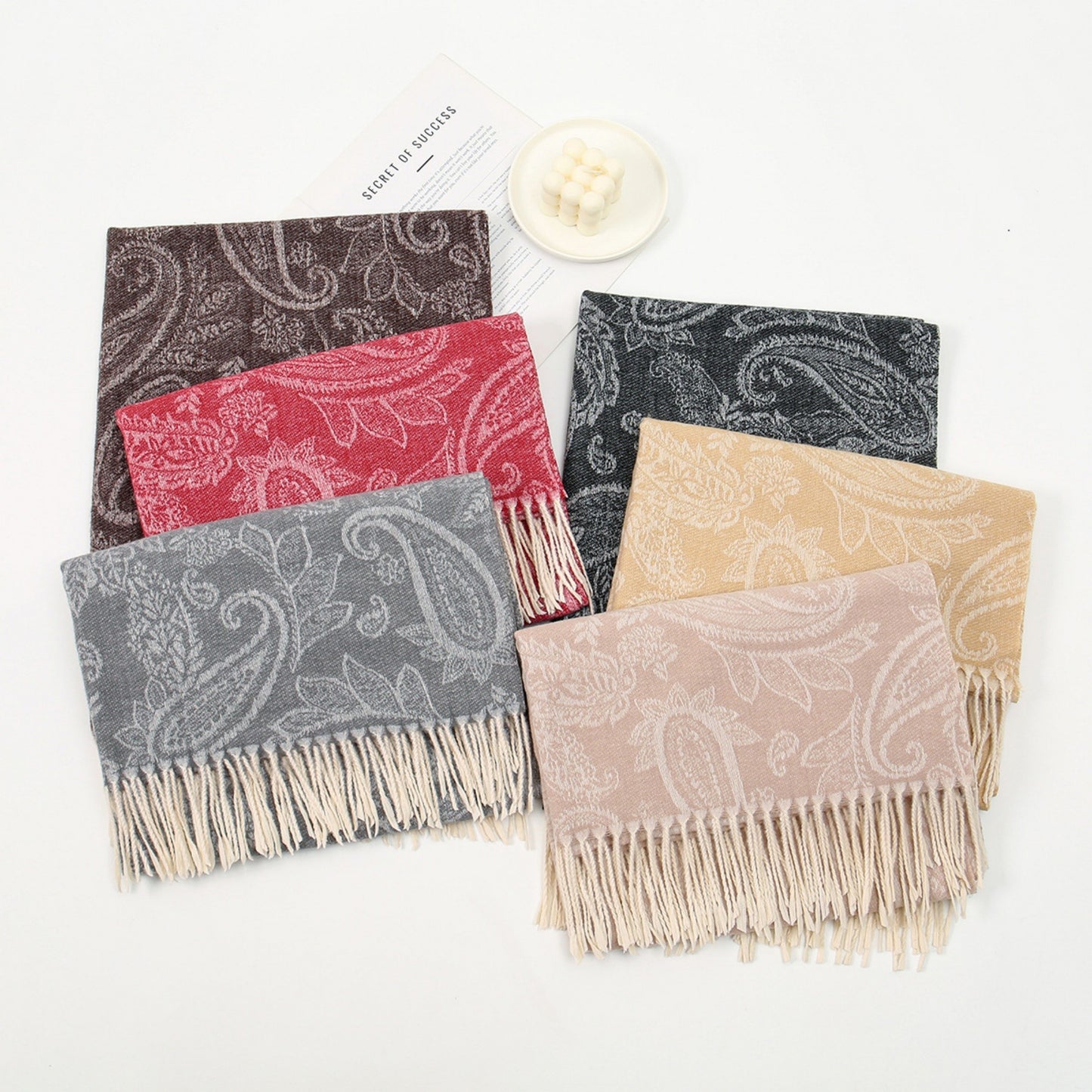 Paisley Jacquard Knit Scarf with Soft Fringe Ends 73x27.5in