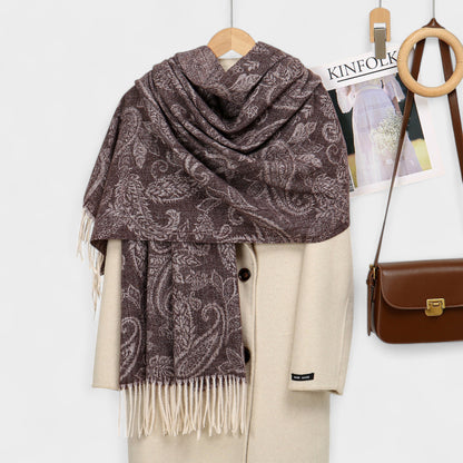 Paisley Jacquard Knit Scarf with Soft Fringe Ends 73x27.5in