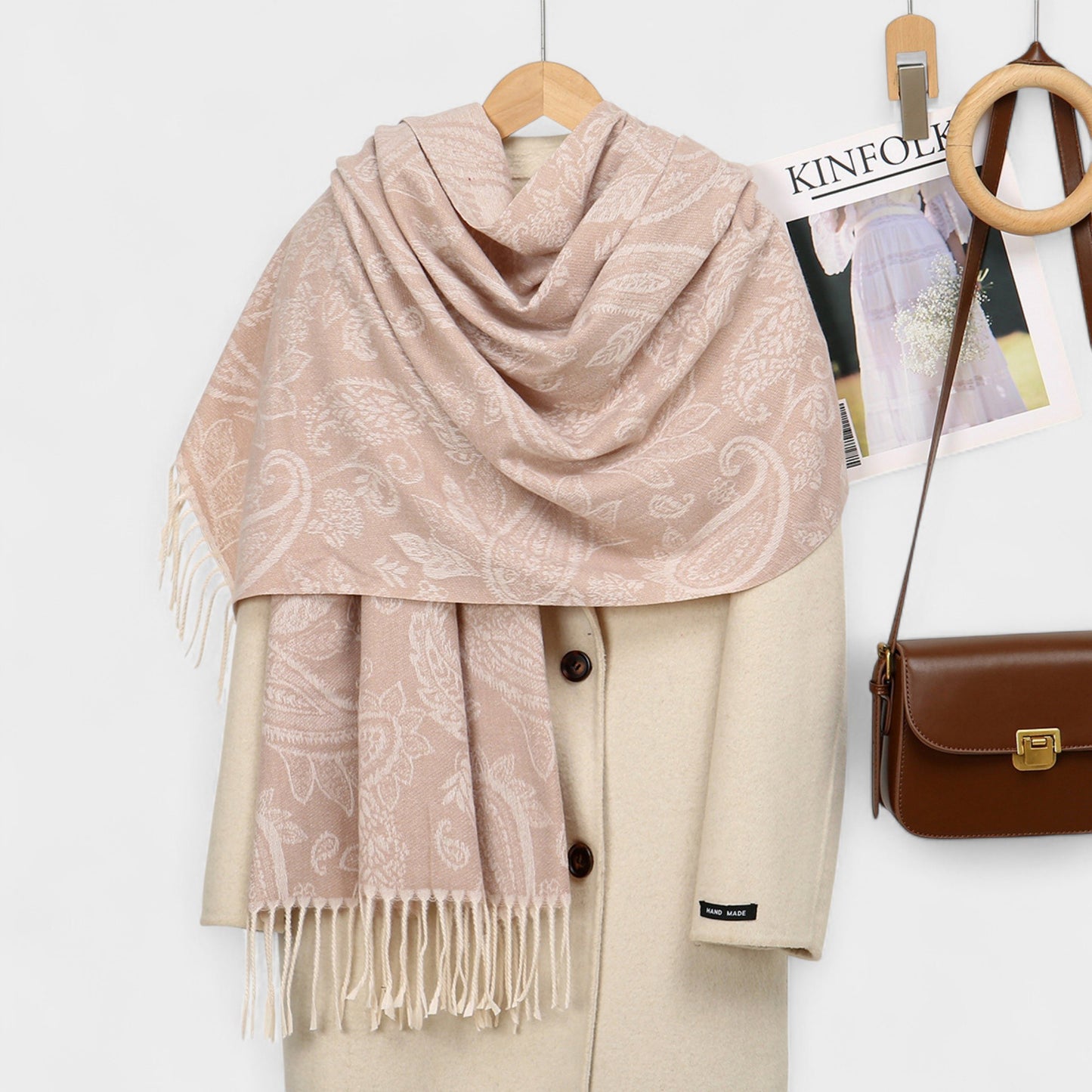 Paisley Jacquard Knit Scarf with Soft Fringe Ends 73x27.5in