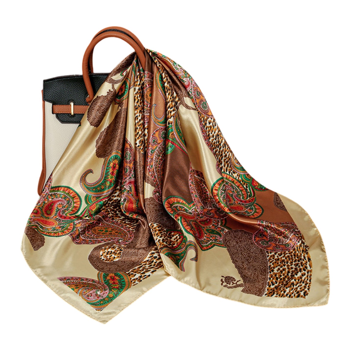 Satin Square Scarf with Paisley Print Pattern