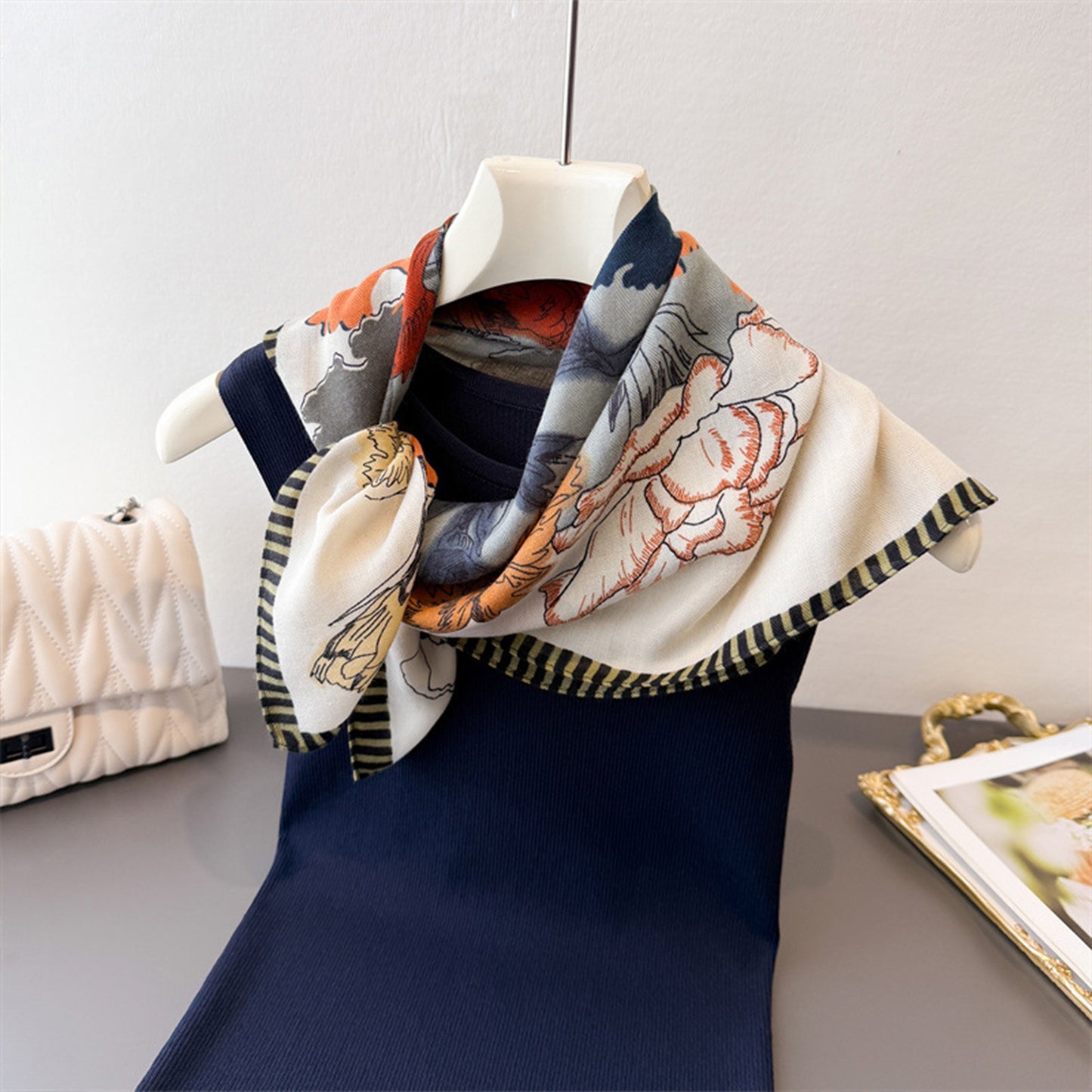 Floral Print Cotton Linen Feel Square Scarf 26.5¡Á26.5 Inches