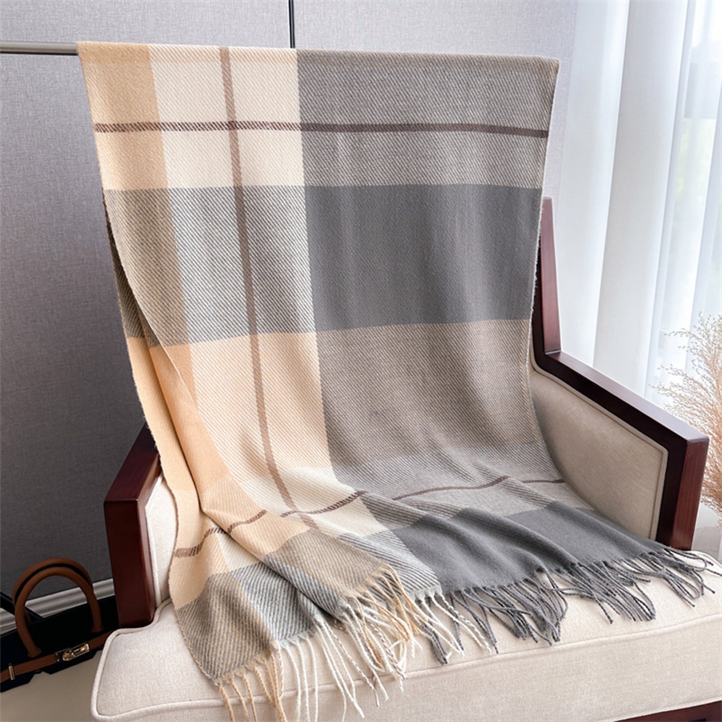 Soft Winter Plaid Scarf with Warm Cozy Feel and Fringe Trim 78.5¡Á26 Inches