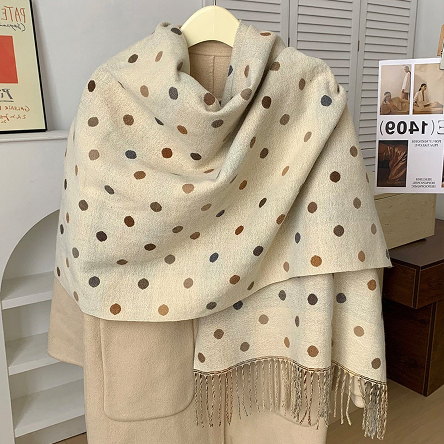 Reversible Polka Dot Scarf with Soft Fabric and Fringe Trim 78.5¡Á25.5 Inches