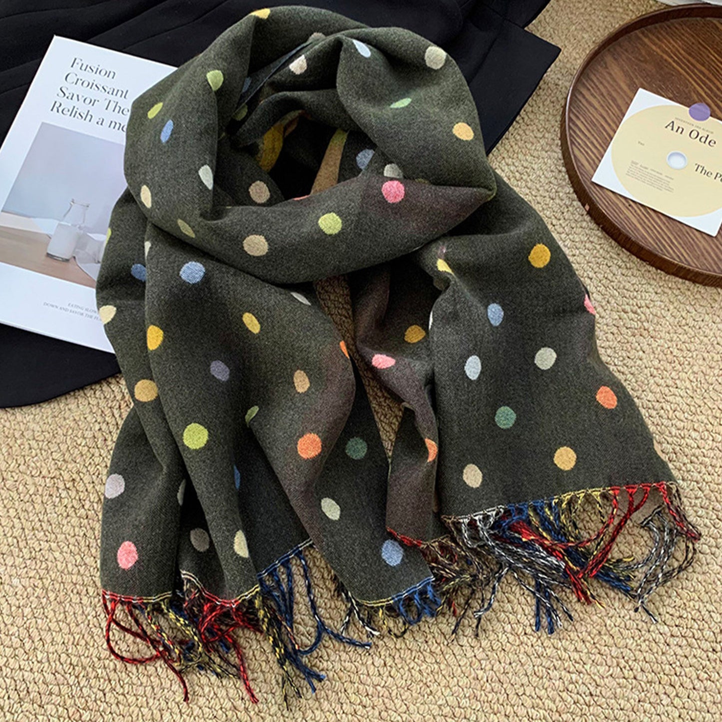 Reversible Polka Dot Scarf with Soft Fabric and Fringe Trim 78.5¡Á25.5 Inches