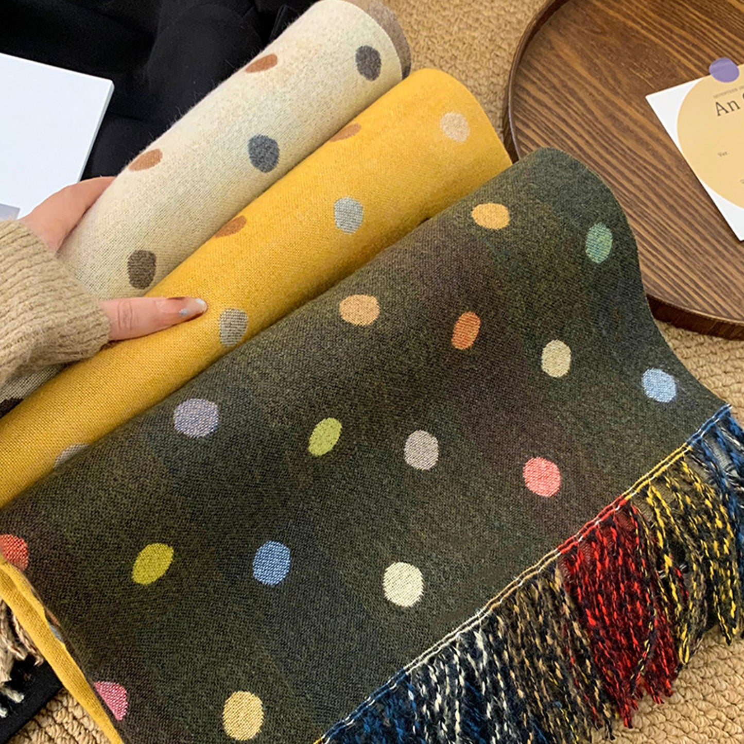 Reversible Polka Dot Scarf with Soft Fabric and Fringe Trim 78.5¡Á25.5 Inches