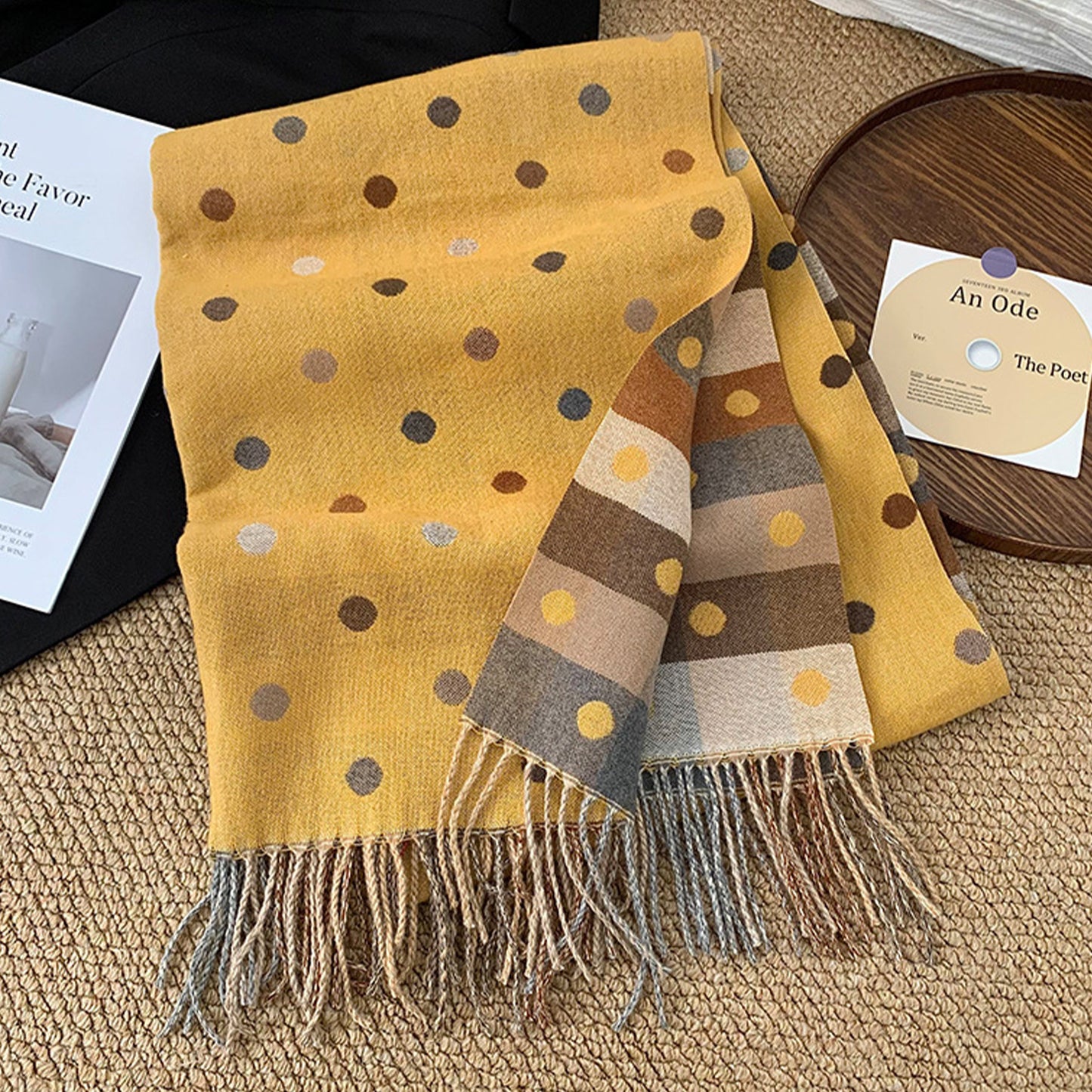Reversible Polka Dot Scarf with Soft Fabric and Fringe Trim 78.5¡Á25.5 Inches