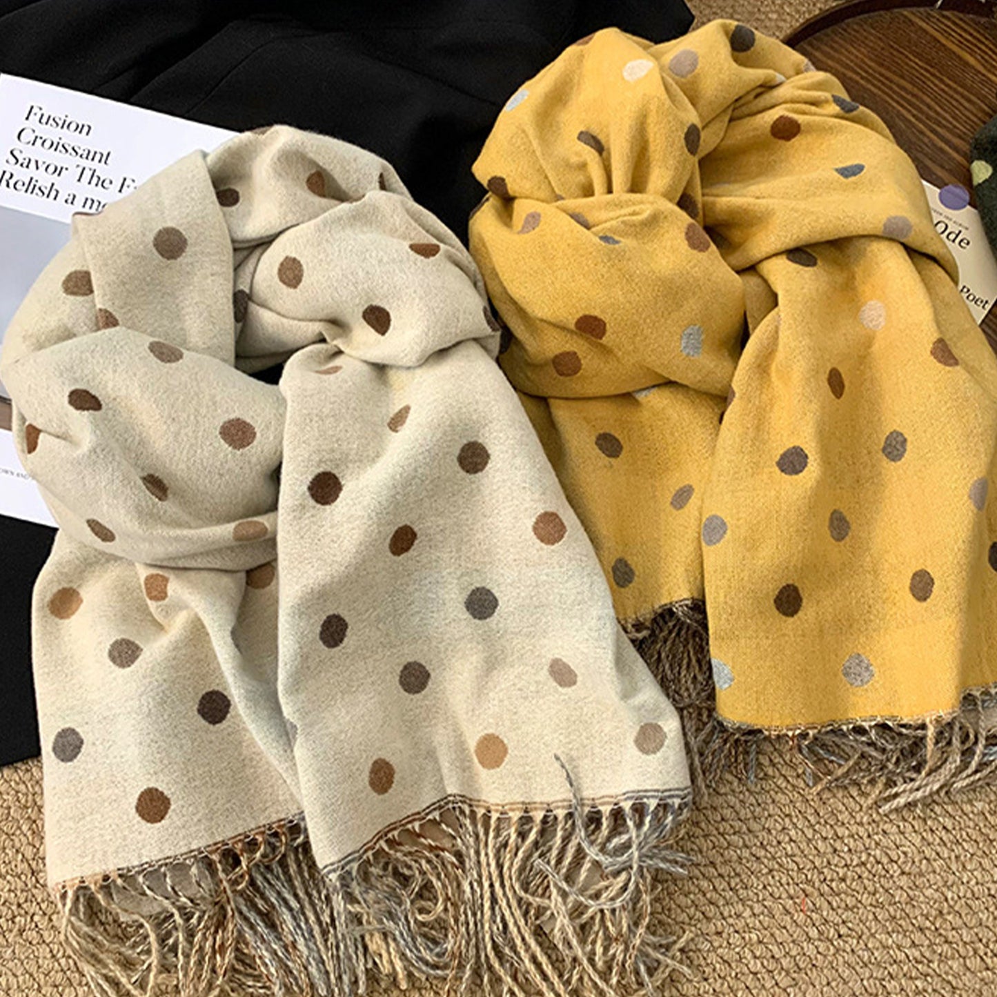 Reversible Polka Dot Scarf with Soft Fabric and Fringe Trim 78.5¡Á25.5 Inches