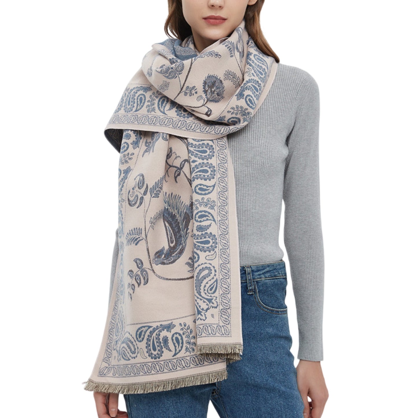 Soft Floral Bird Pattern Wrap Scarf with Elegant Border Design 74.8¡Á25.5 Inches
