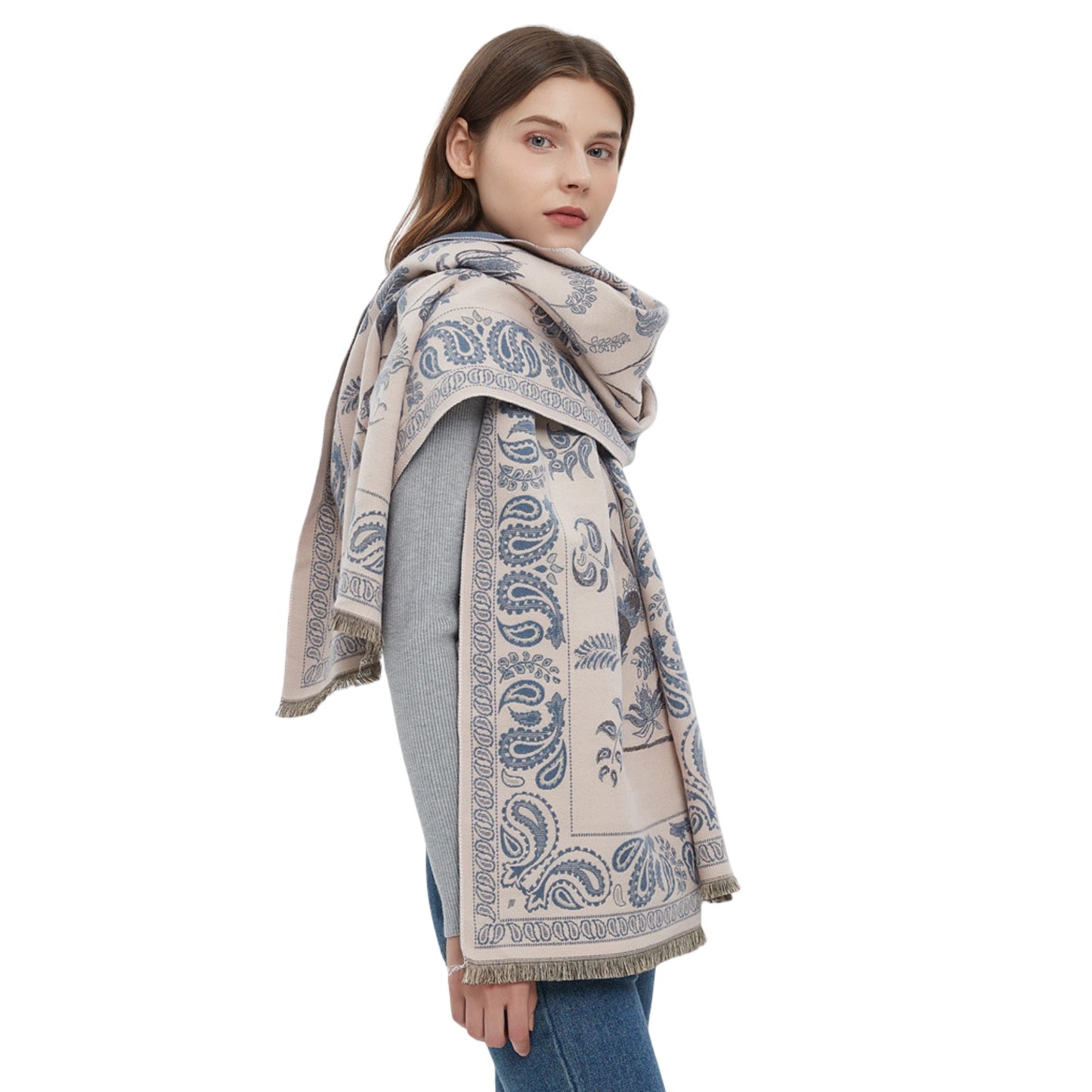 Soft Floral Bird Pattern Wrap Scarf with Elegant Border Design 74.8¡Á25.5 Inches