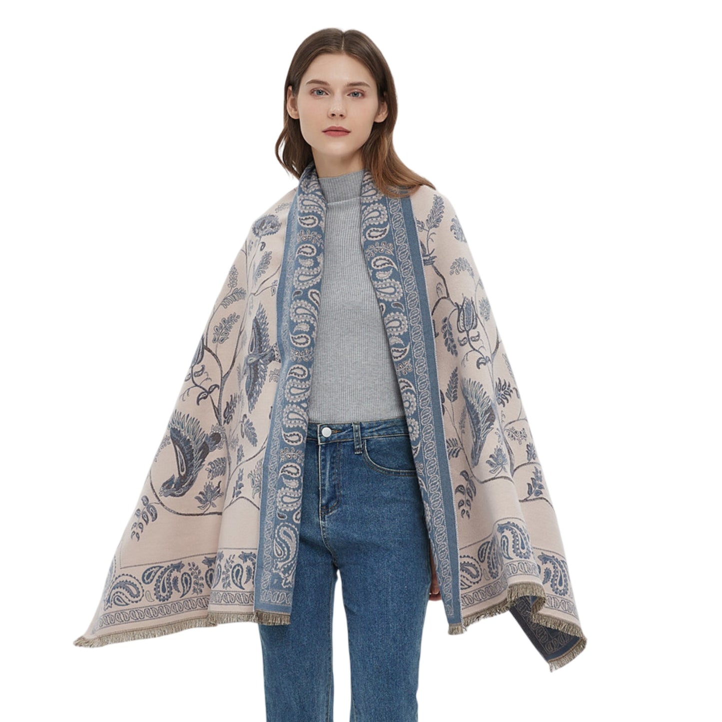 Soft Floral Bird Pattern Wrap Scarf with Elegant Border Design 74.8¡Á25.5 Inches