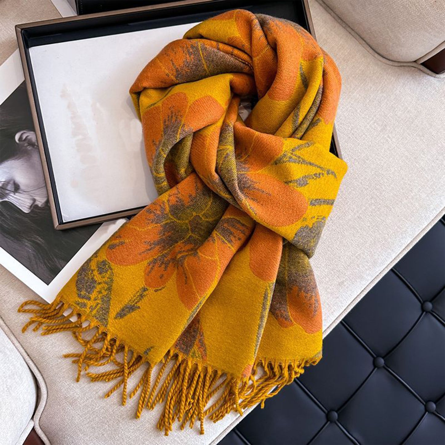 Floral Pattern Soft Jacquard Scarf with Twisted Fringe Trim 78.5¡Á25.5 Inches