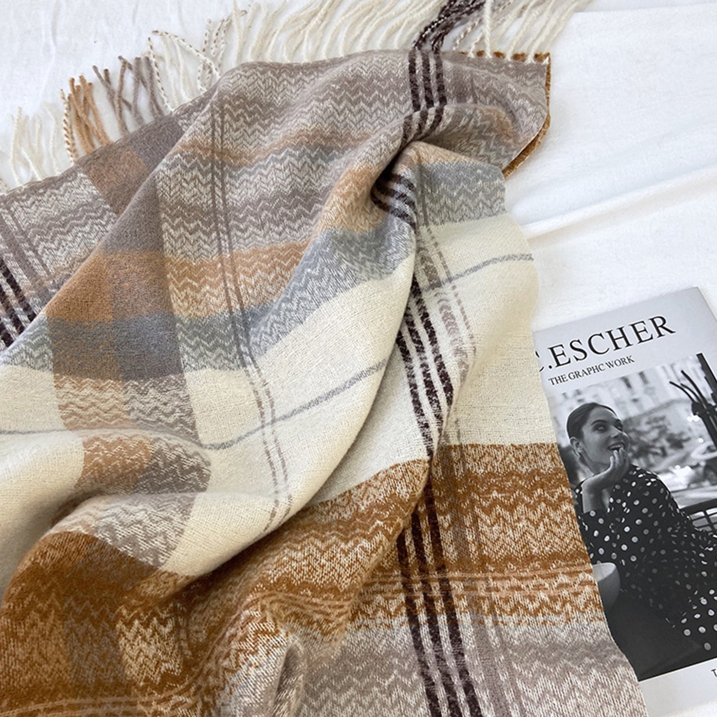 Plaid Pattern Soft Woven Winter Scarf with Cozy Texture 71¡Á24.8 Inches