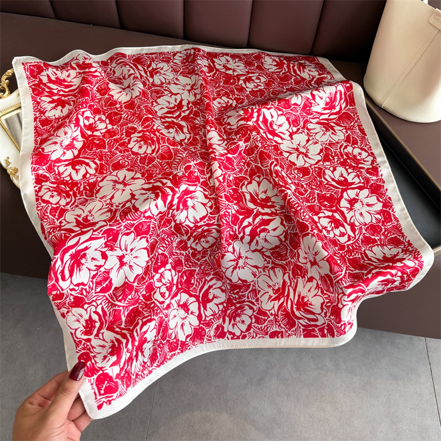 Floral Print Satin Square Scarf Lightweight Soft Neck Hair Accessory 27.5¡Á27.5 Inches