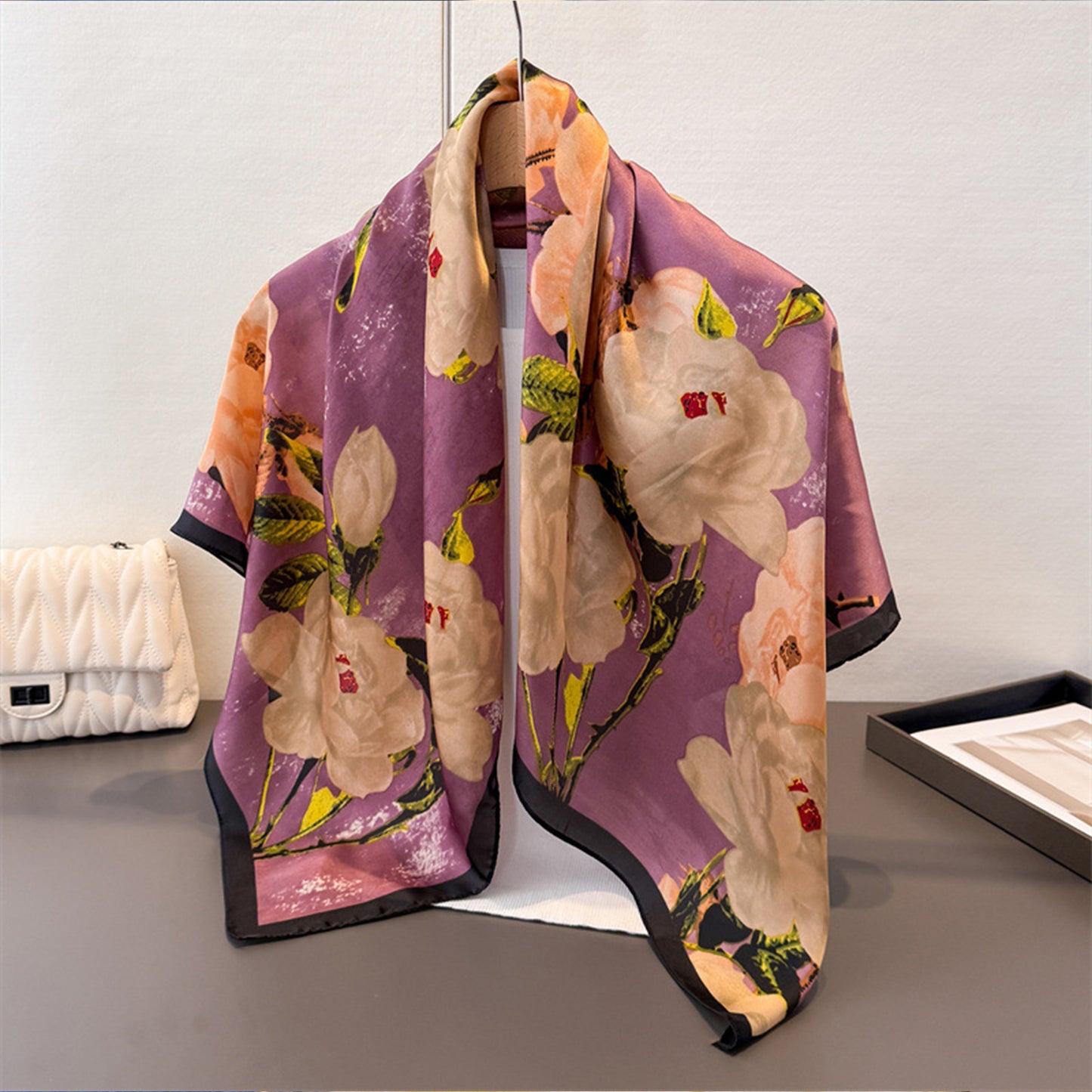 Floral Print Satin Scarf Lightweight Square Wrap 35.4¡Á35.4 Inches
