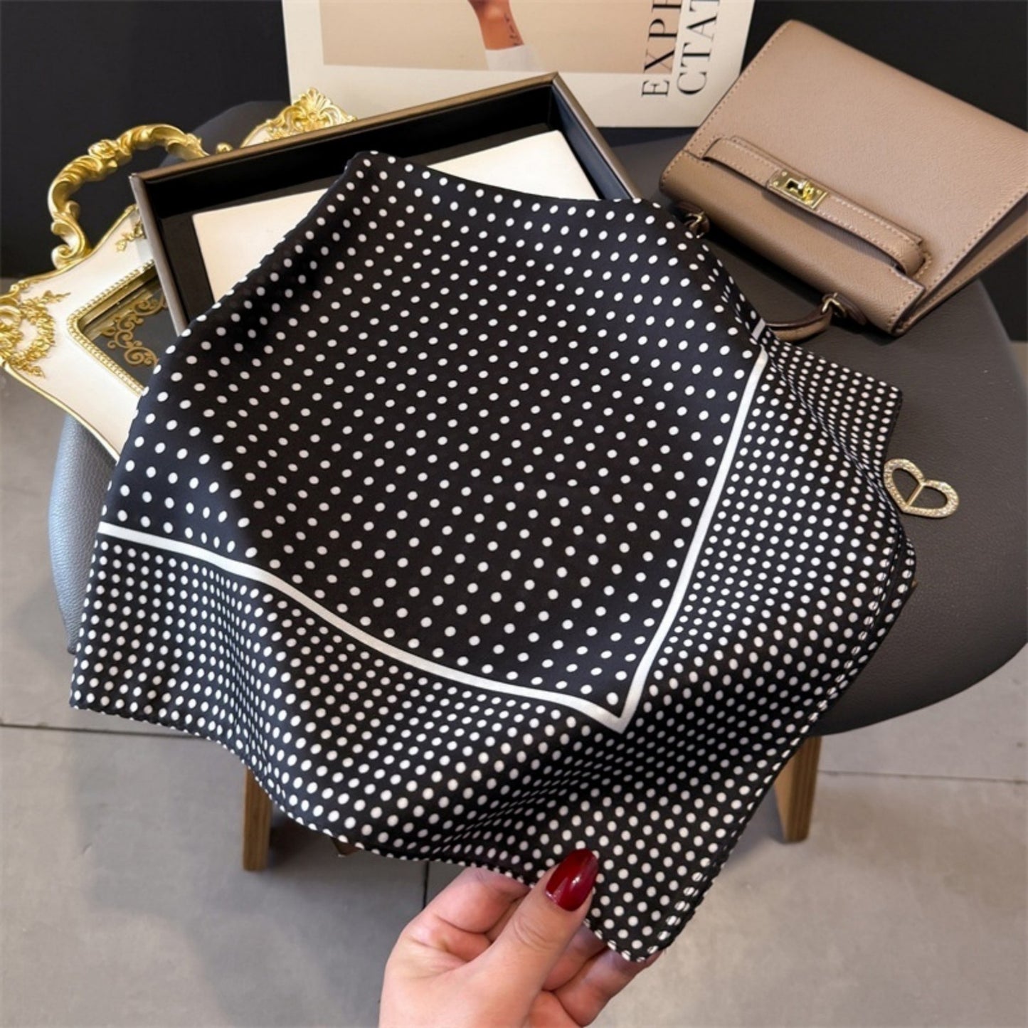 Polka Dot Satin Square Scarf with Framed Border Detail and Smooth Lightweight Finish 27.5x27.5in